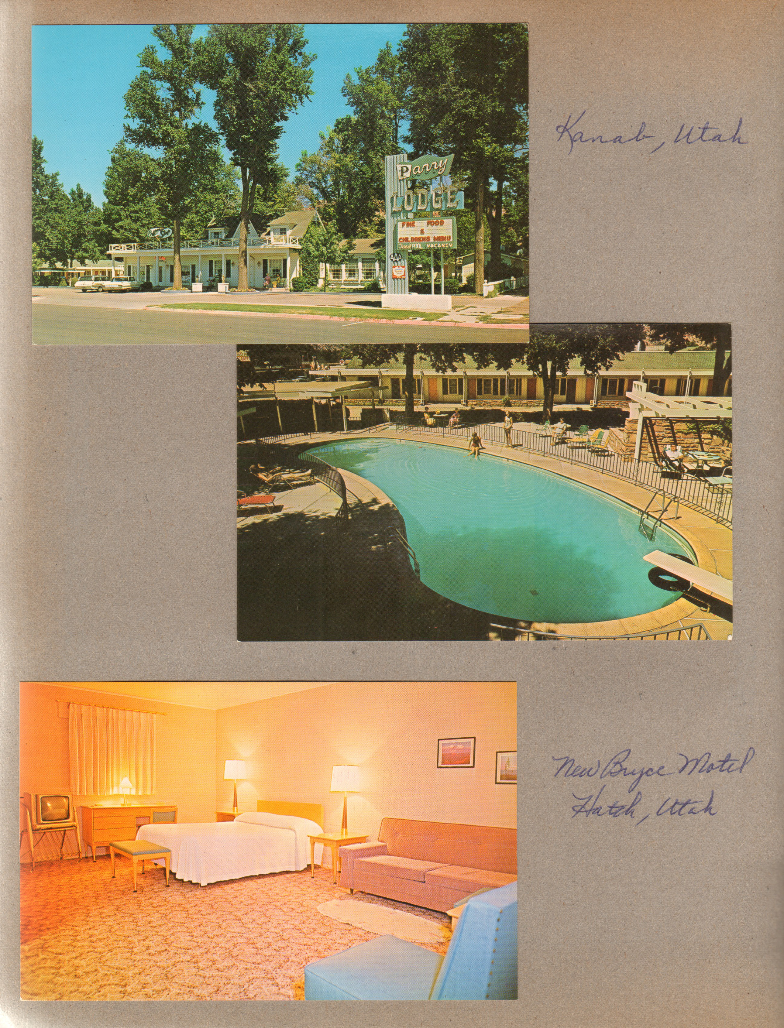 postcard Parry Lodge Kanab, Utah S-48638-2. postcard Parry Lodge Kanab, Utah S-57457-2 postcard New Bryce Motel Hatch, Utah S-57462