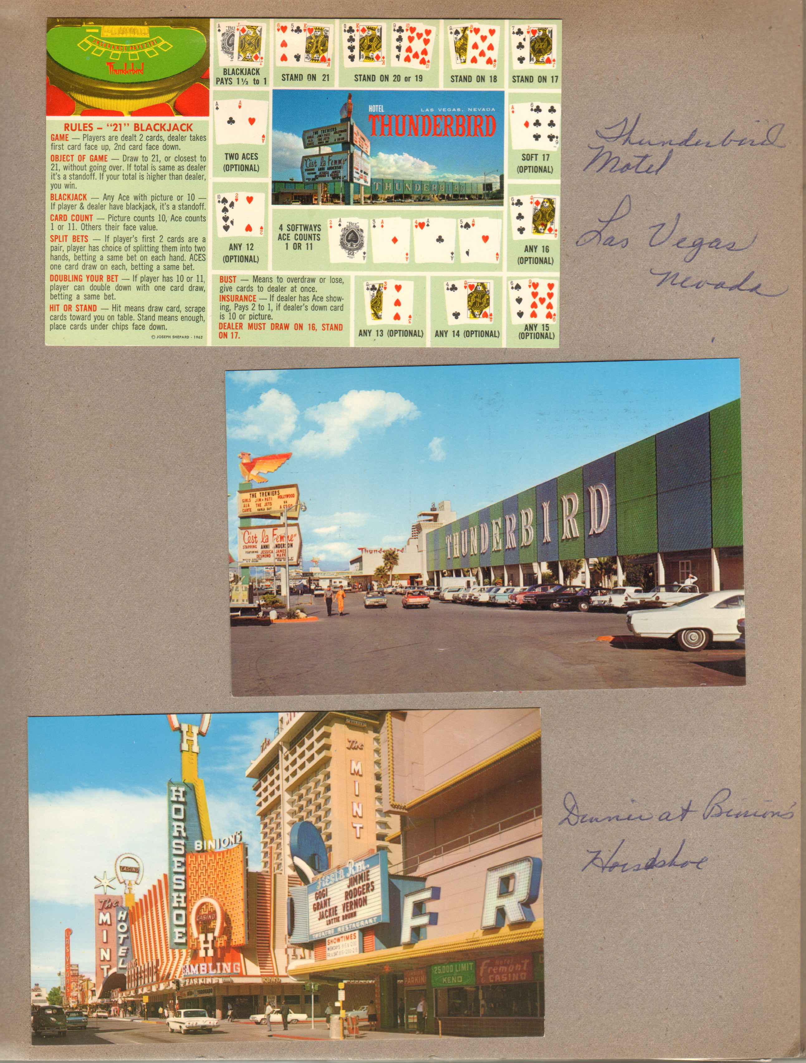 postcard Thunderbird Motel Las Vegas Nevada - Blackjack Rules , postcard Thunderbird Motel C19233, postcard Casino Center Fremont Street C19230. Dinner at Binion's Horseshoe