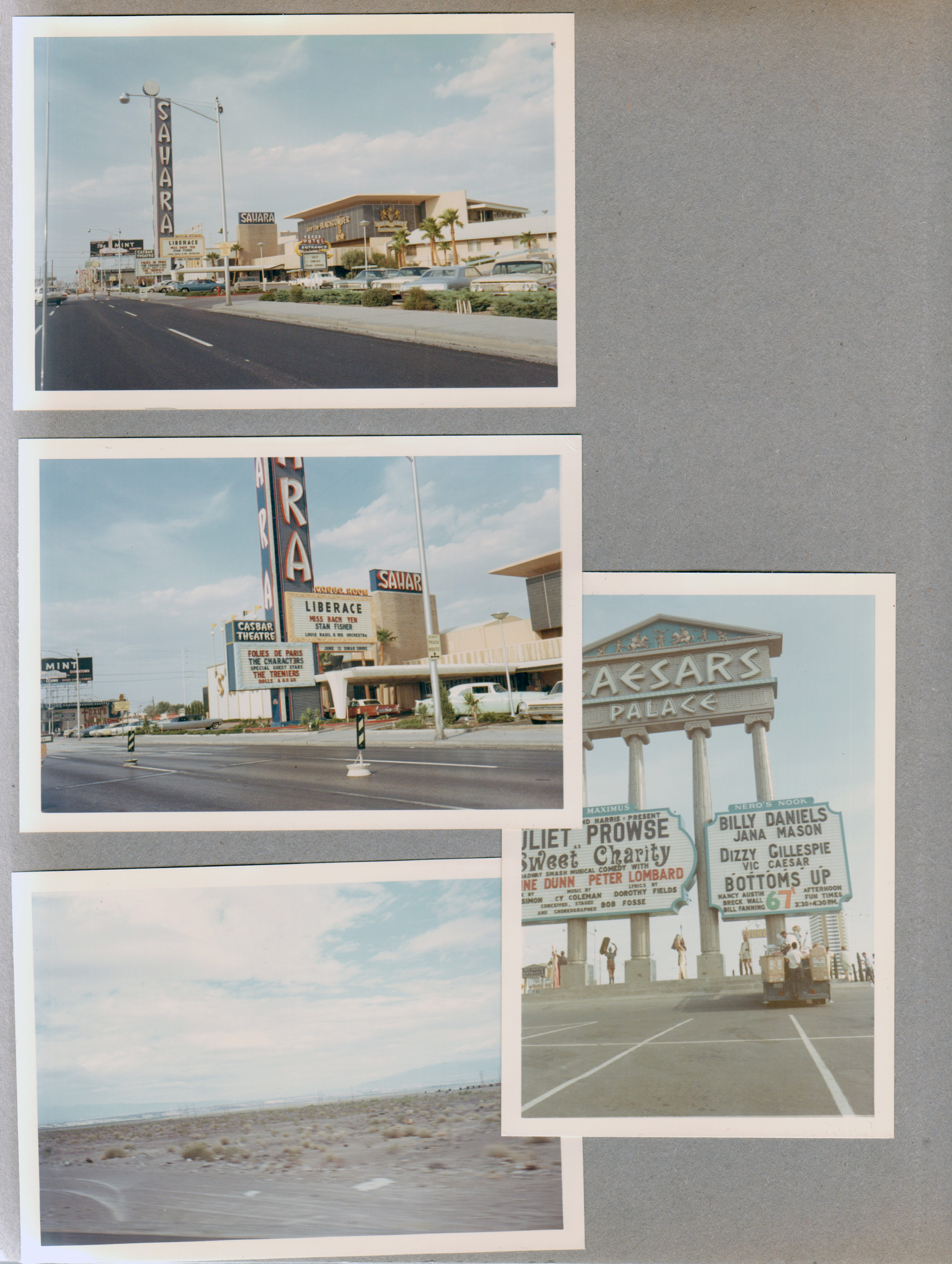 Las Vegas Nevada - Sahara Liberace marquee. Caesar's Palace Dizzy Gillespie marque. Desert.