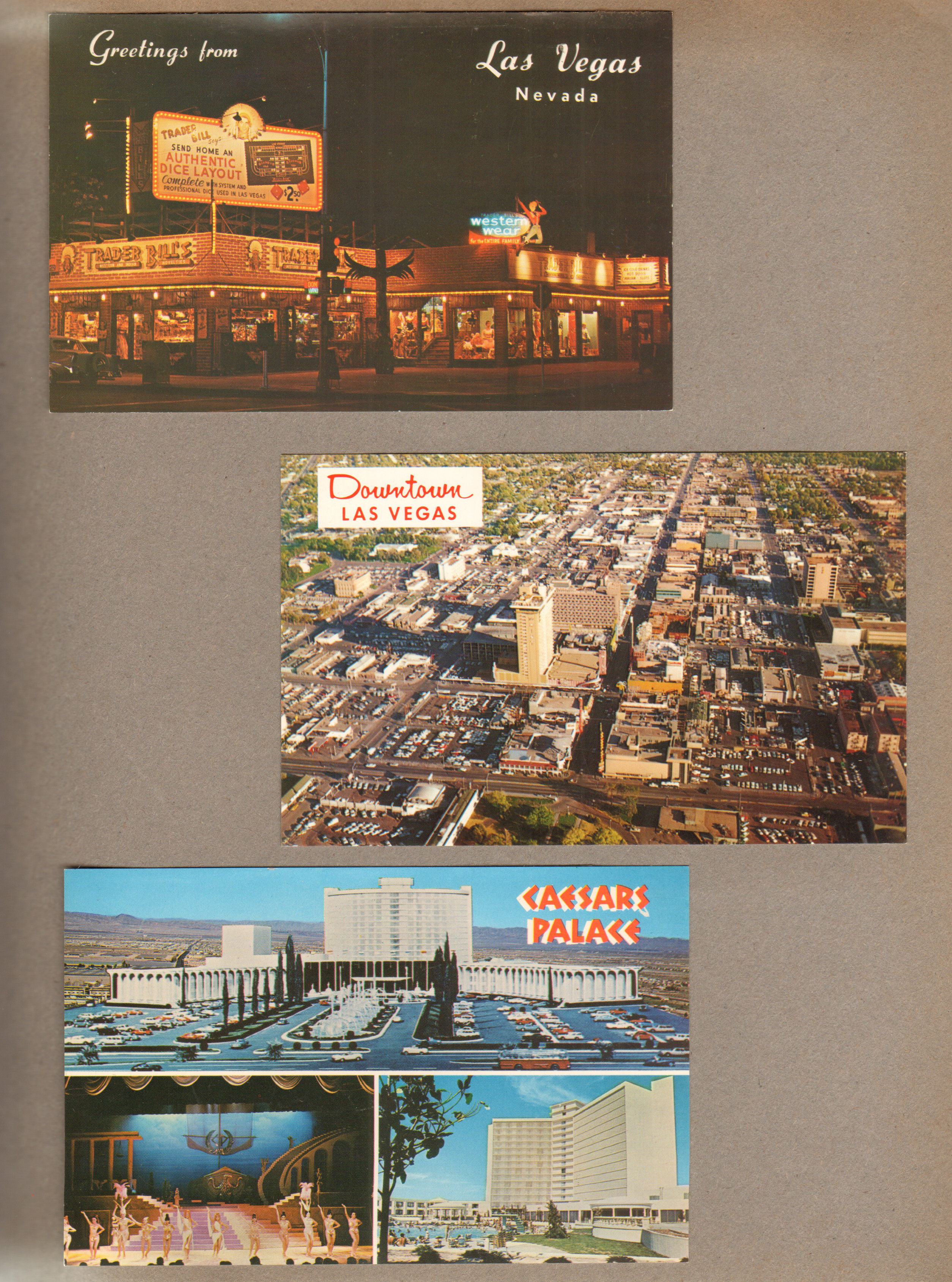 postcard Greetings from Las Vegas Nevada FS-668, postcard aerial Downtown Las Vegas C19226, postcard Caesar's Palace FS-1096 S-70308-L4