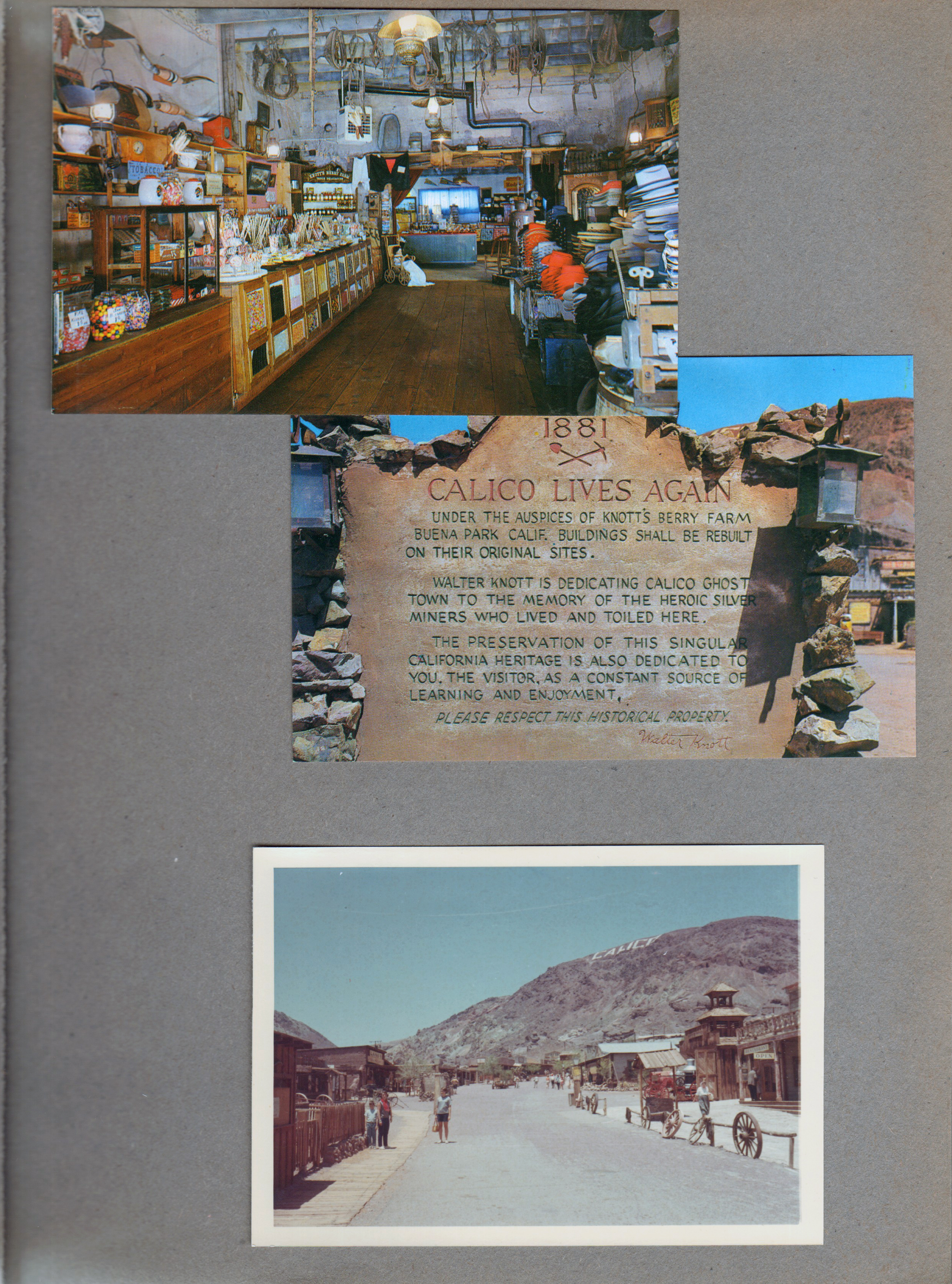 postcard Lane's General Store H-1337 55317, postcard Calico Rides Again H-1345 55328, Calico Ghost Town
