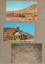 Calico Ghost Town - postcard Calico and Odessa Railroad H-1341 55321 , postcard Schoolhouse H-2382 23804, postcard Aerial The Mining Camp H-800 59009