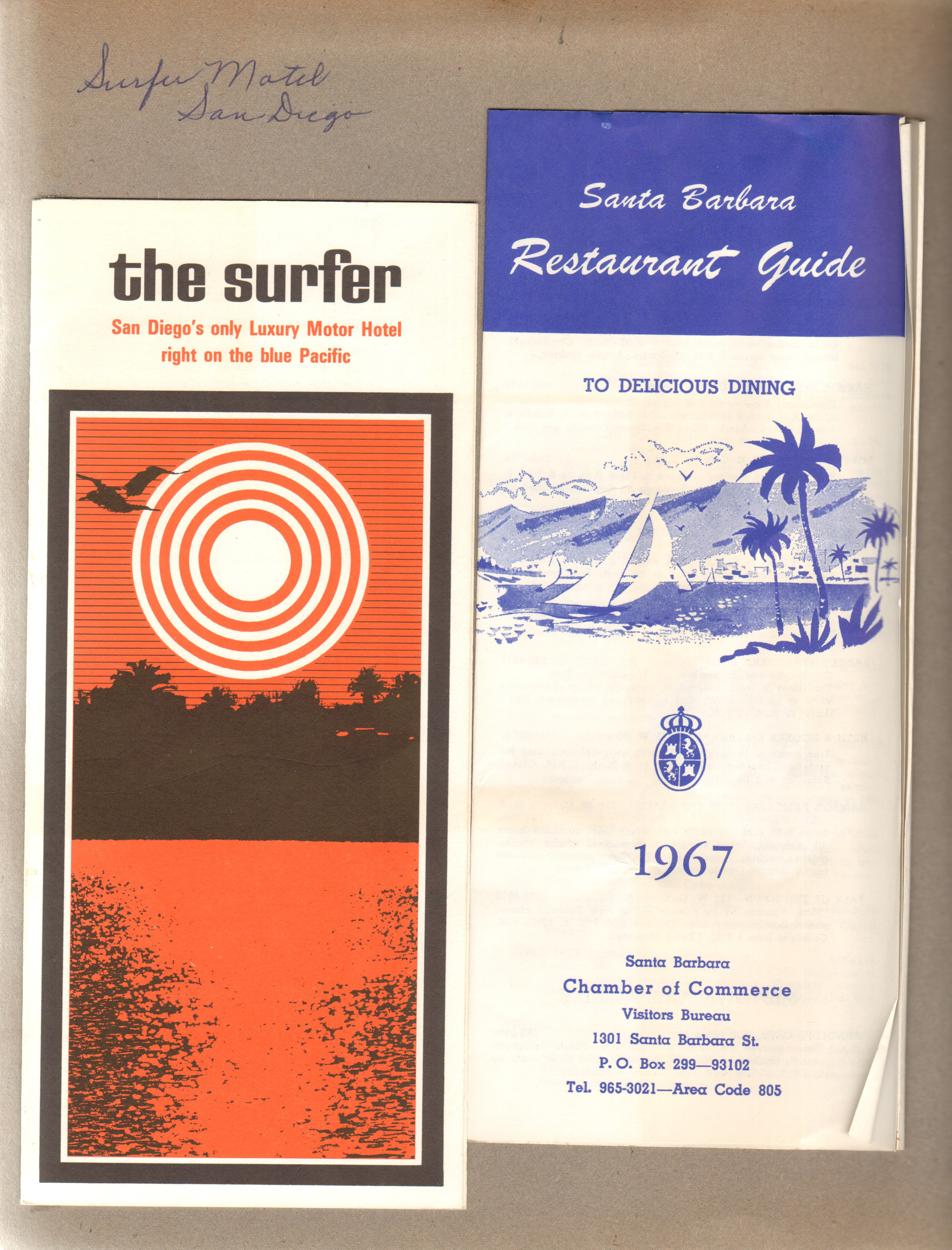 Surfer Motel, San Diego. The Surfer motel pamphlet. Santa Barbara Restaurant Guide 1967