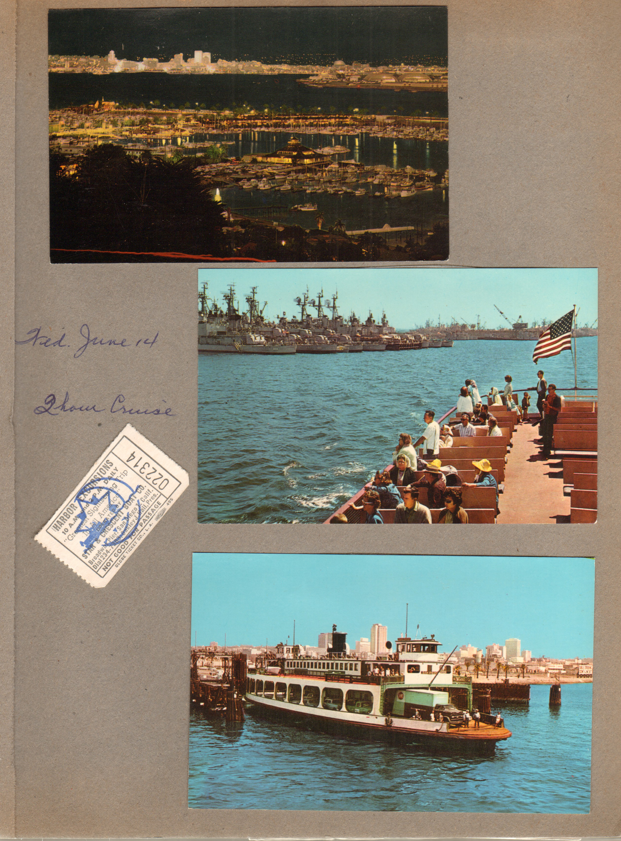 Wed. June 14 - 2 hour cruise - Harbor Excursions ticket. postcard San Diego Bay at Night D.210 4DK-1711, postcard San Diego Bay US Navy Ships D.215 5DK-110, postcard Coronado Ferry D.191 4DK-1395