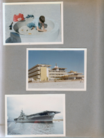 Alan playing in sand - cap rifle, TWA bag. Surfer Motel. Aircraft carrier 