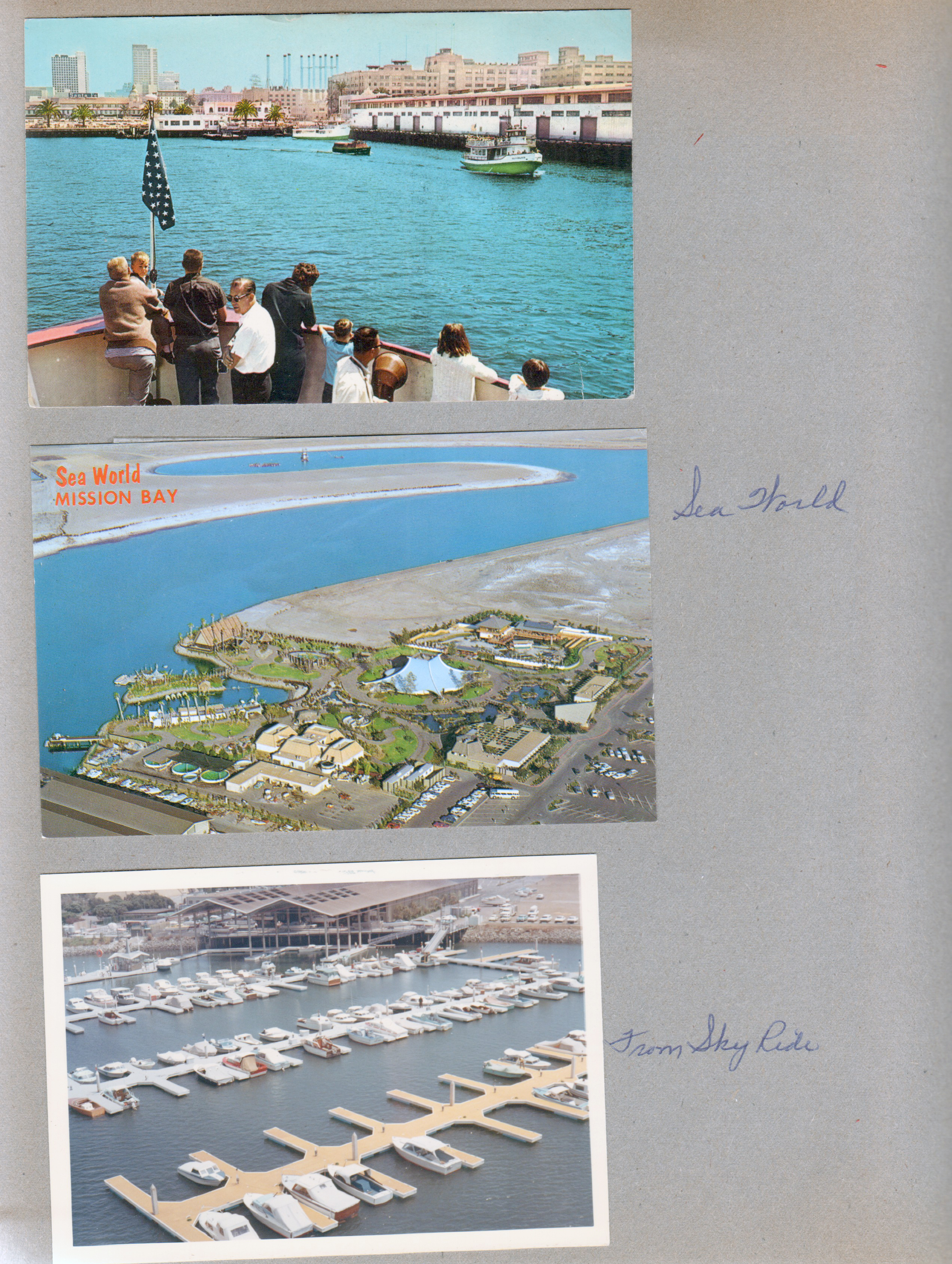 postcard San Diego Harbor Excursion D.214 5DK-109, postcard Sea World Mission Bay aerial view C17794, boat docks from Sea World Sky Ride