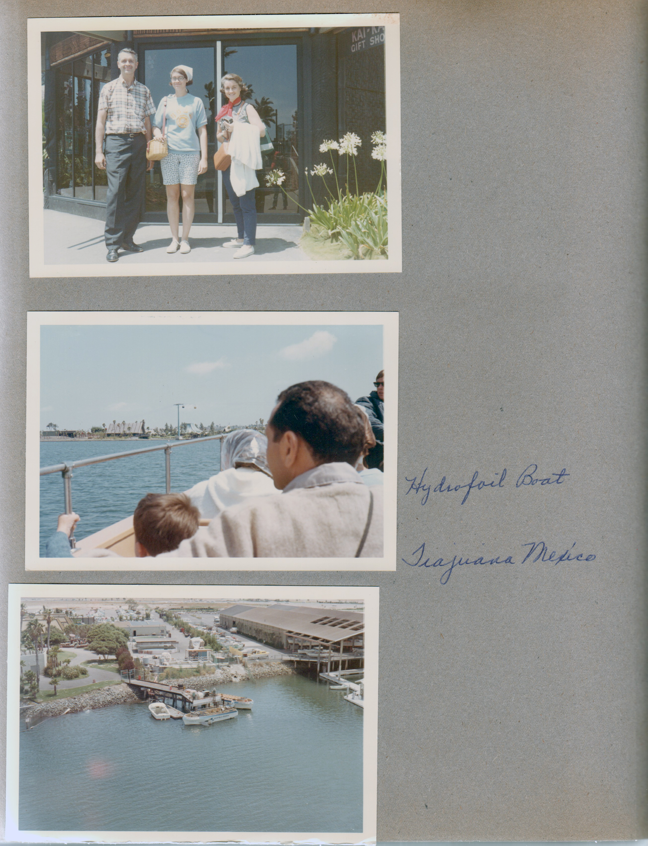 John, Susan, Rosemary with Bolex movie camera. Hydrofoil Boat - Tijuana, Mexico. from Sea World Sky Ride?