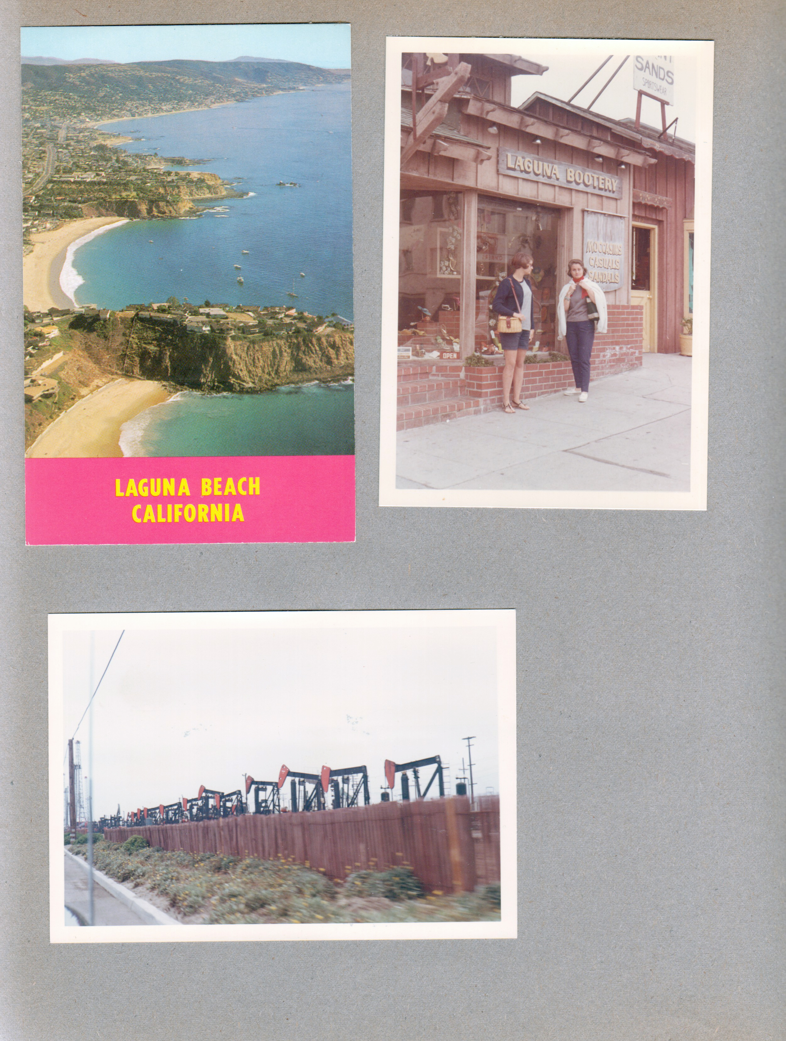 postcard Laguna Beach California GW-420-A, Laguna Bootery - Susan and Rosemary. Oil wells.