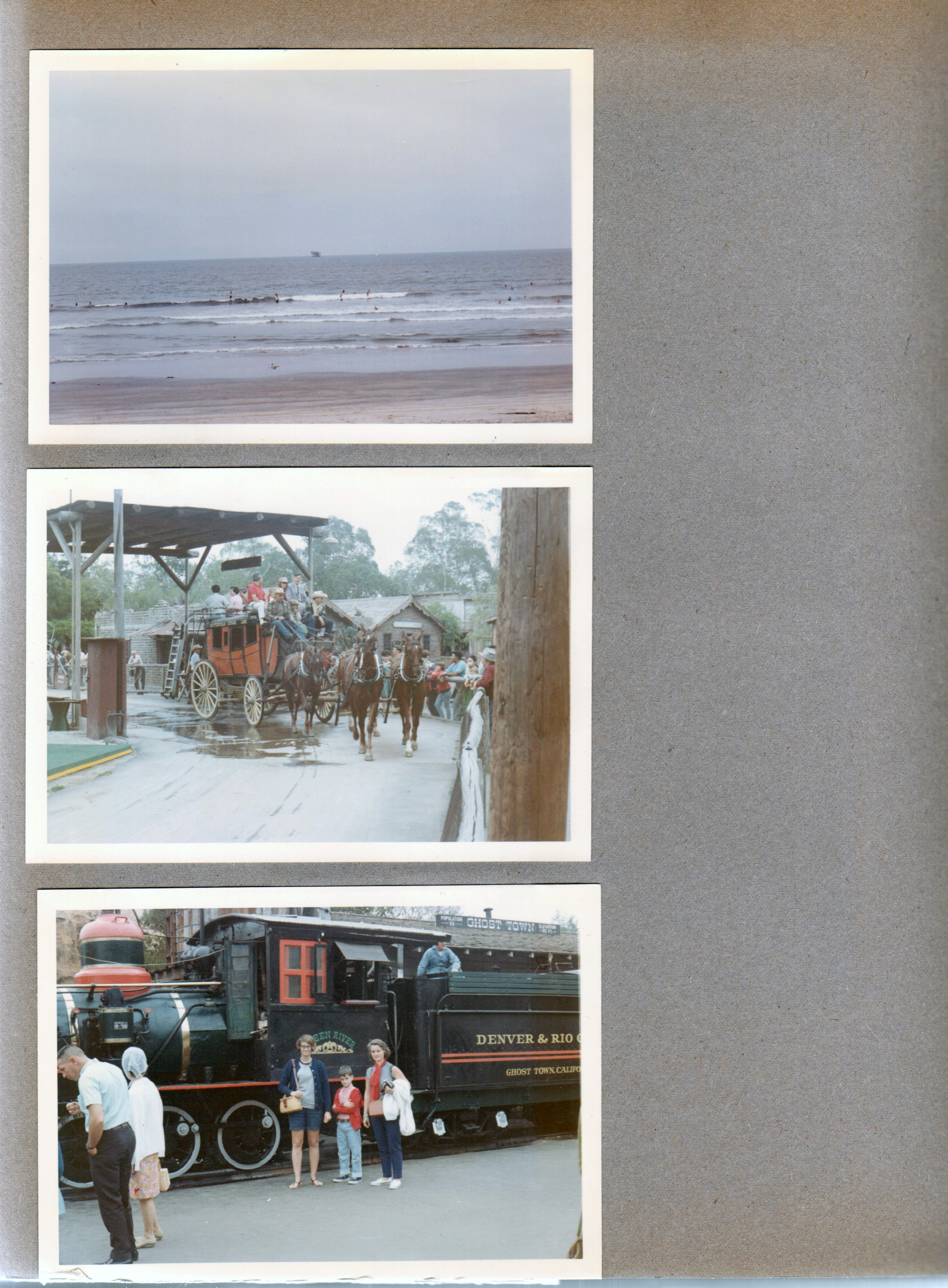 beach. stagecoach. Susan, Alan, Rosemary by old train Denver & Rio Grande