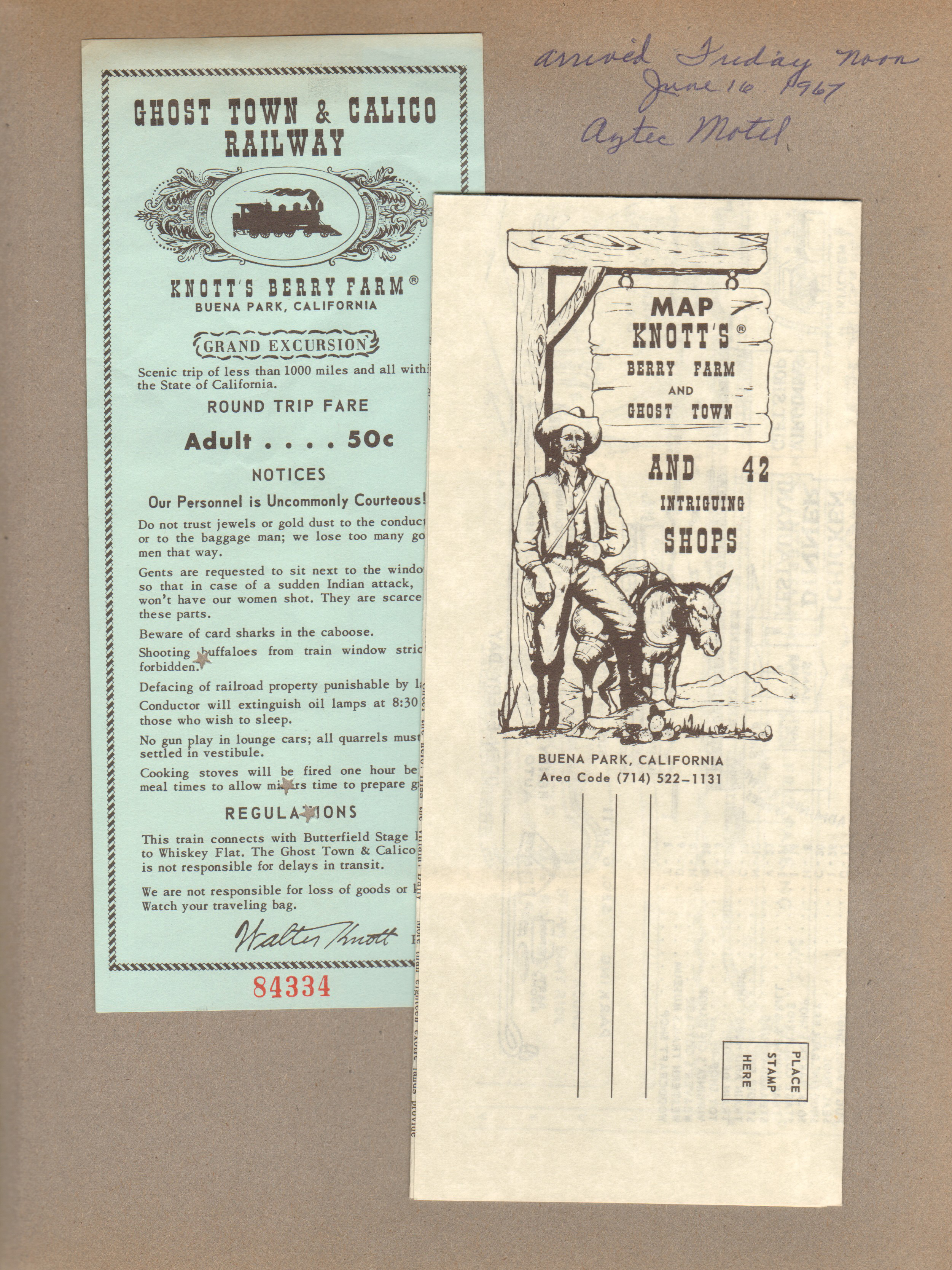 Arrived Friday noon - June 16, 1967 - Aztec Motel. Ghost Town and Calico Railway Knott's Berry Farm ticket and map