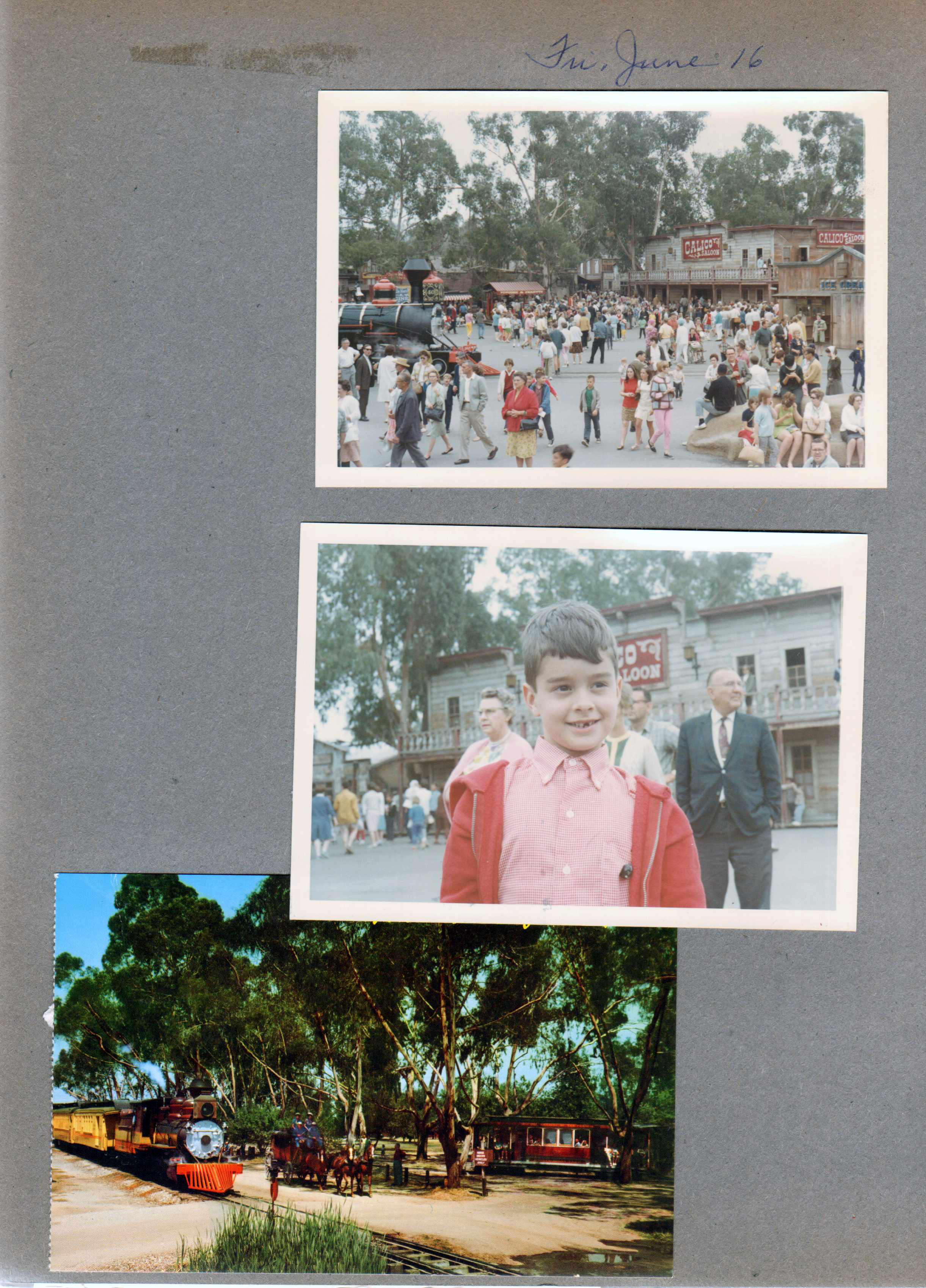 Friday June 16 - Knott's Berry Farm - Alan. postcard Knott's Berry Farm Three modes of transport C12912