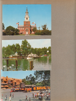 Knott's Berry Farm - postcard Independence Hall at Knott's C21912, postcard Steamboat ride at Knott's SC9597, postcard Calico Square train KR-50