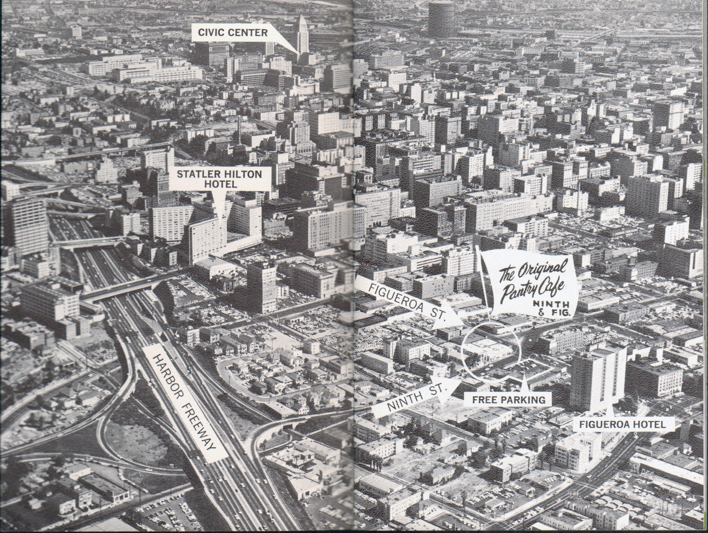 The Original Pantry Cafe booklet - aerial of Los Angeles