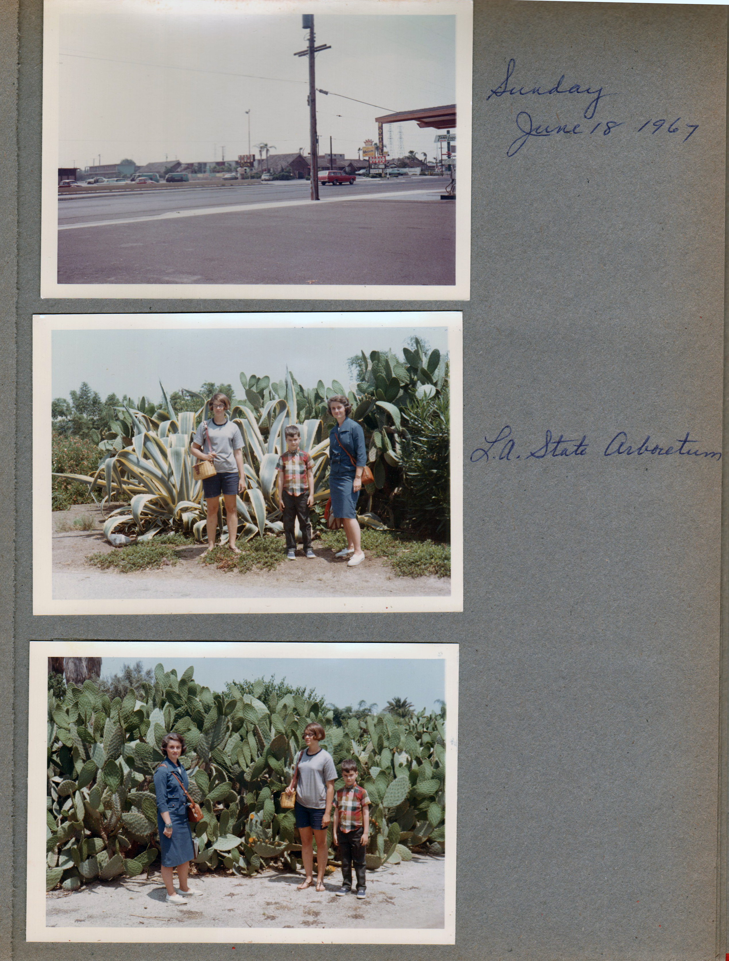 Sunday. June 18. 1967 - Aztec Motel. L.A. State Arboretum - Susan, Alan, Rosemary  agave plant?. Cactus/