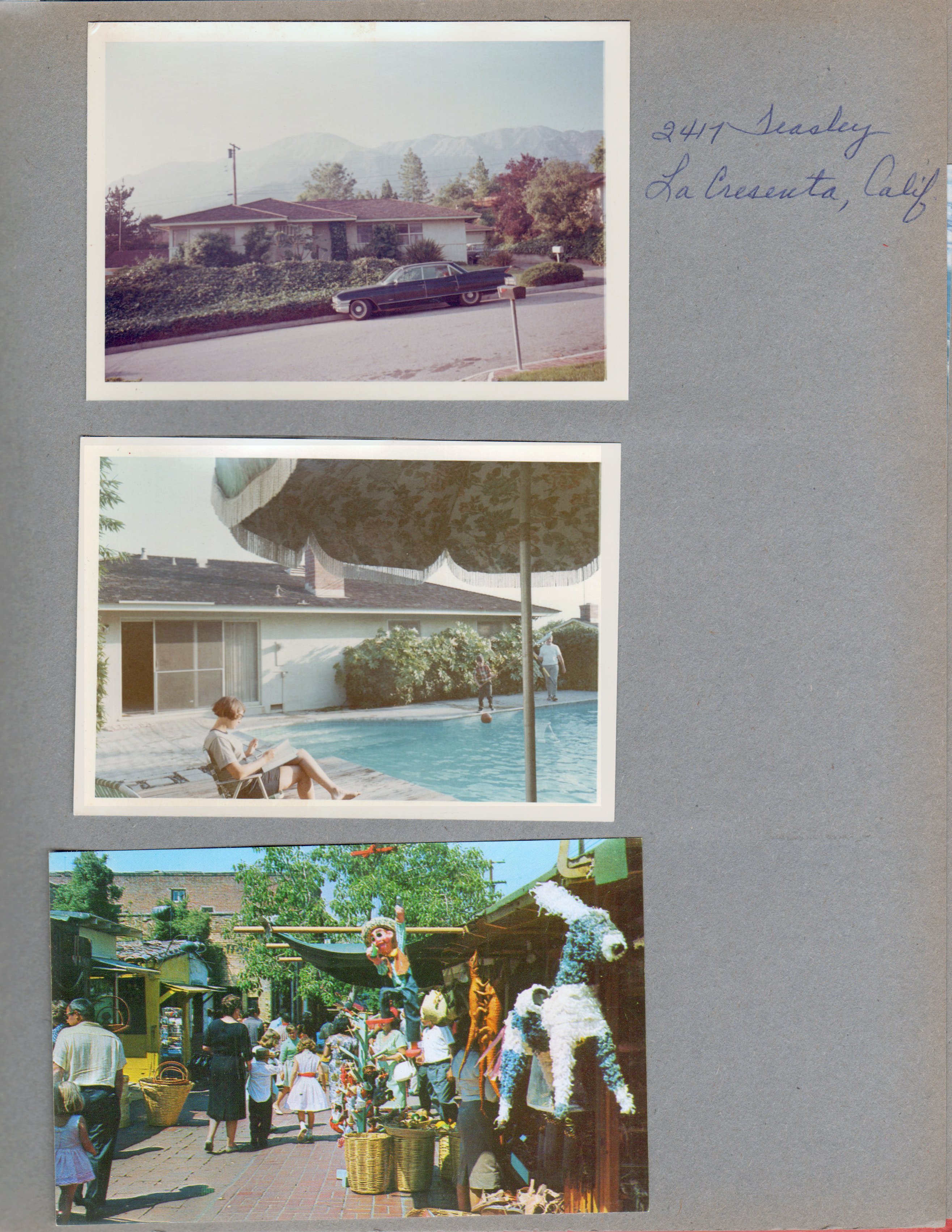 2417 Teasley, La Cresta, Calif. house, Cadillac. Susan by pool. postcard Olvera Street H-1413