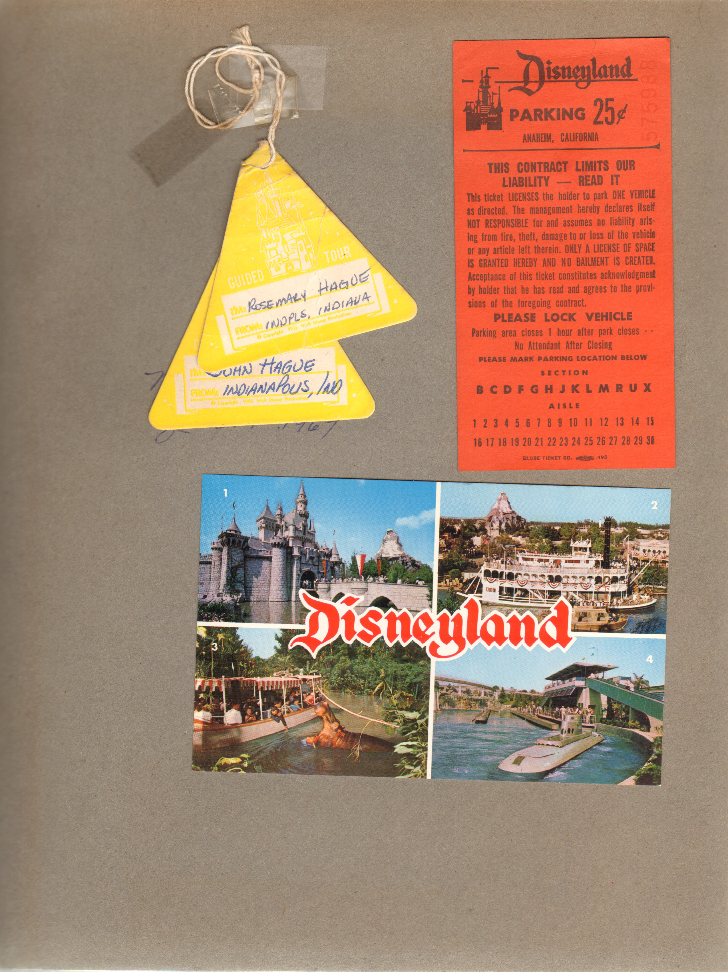 Disneyland tour tags John and Rosemary, parking pass, postcard castle - paddlewheeler - jungle cruise - sub
