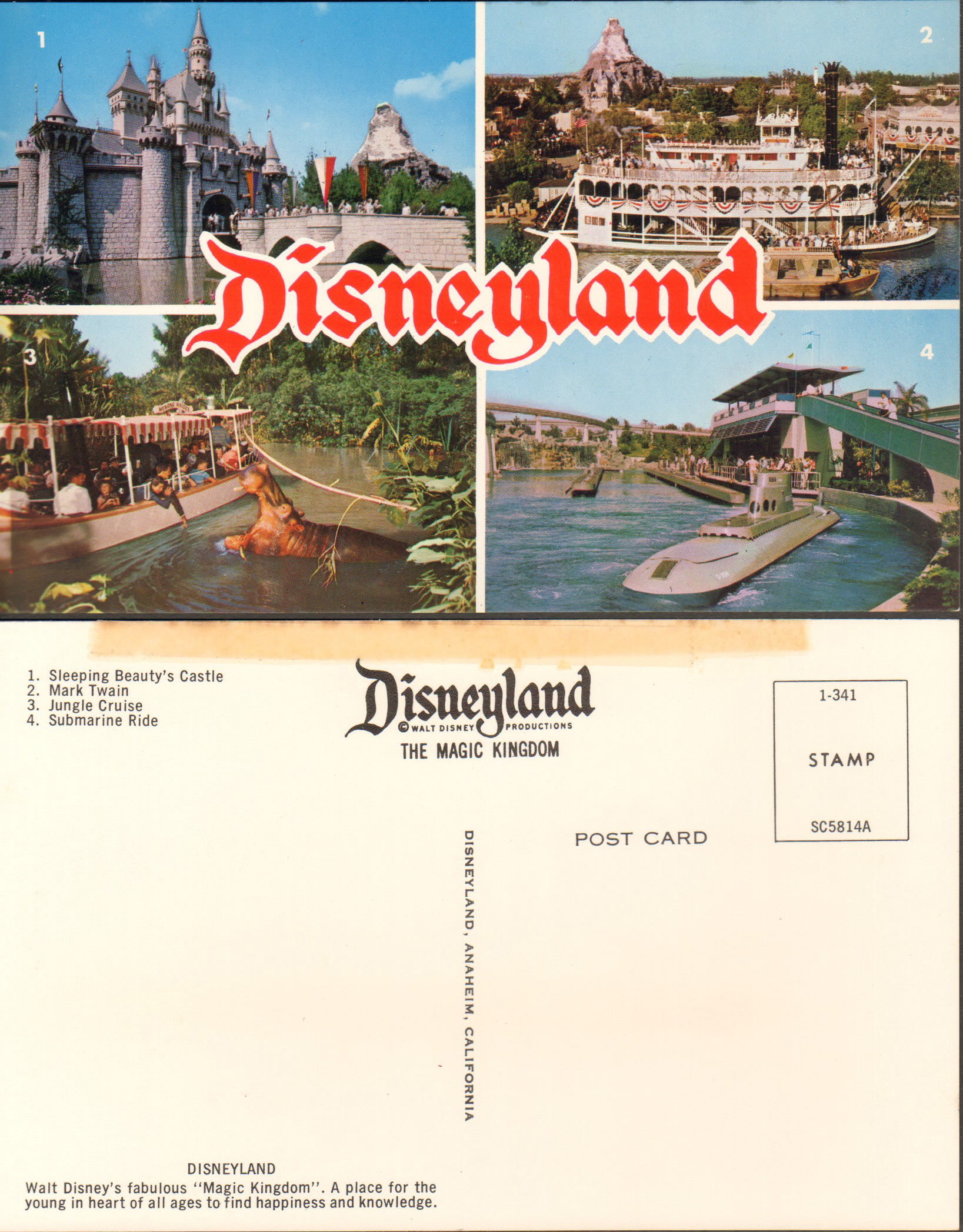 Disneyland postcard 1-341 SC5814A castle - paddlewheeler - jungle cruise - submarine