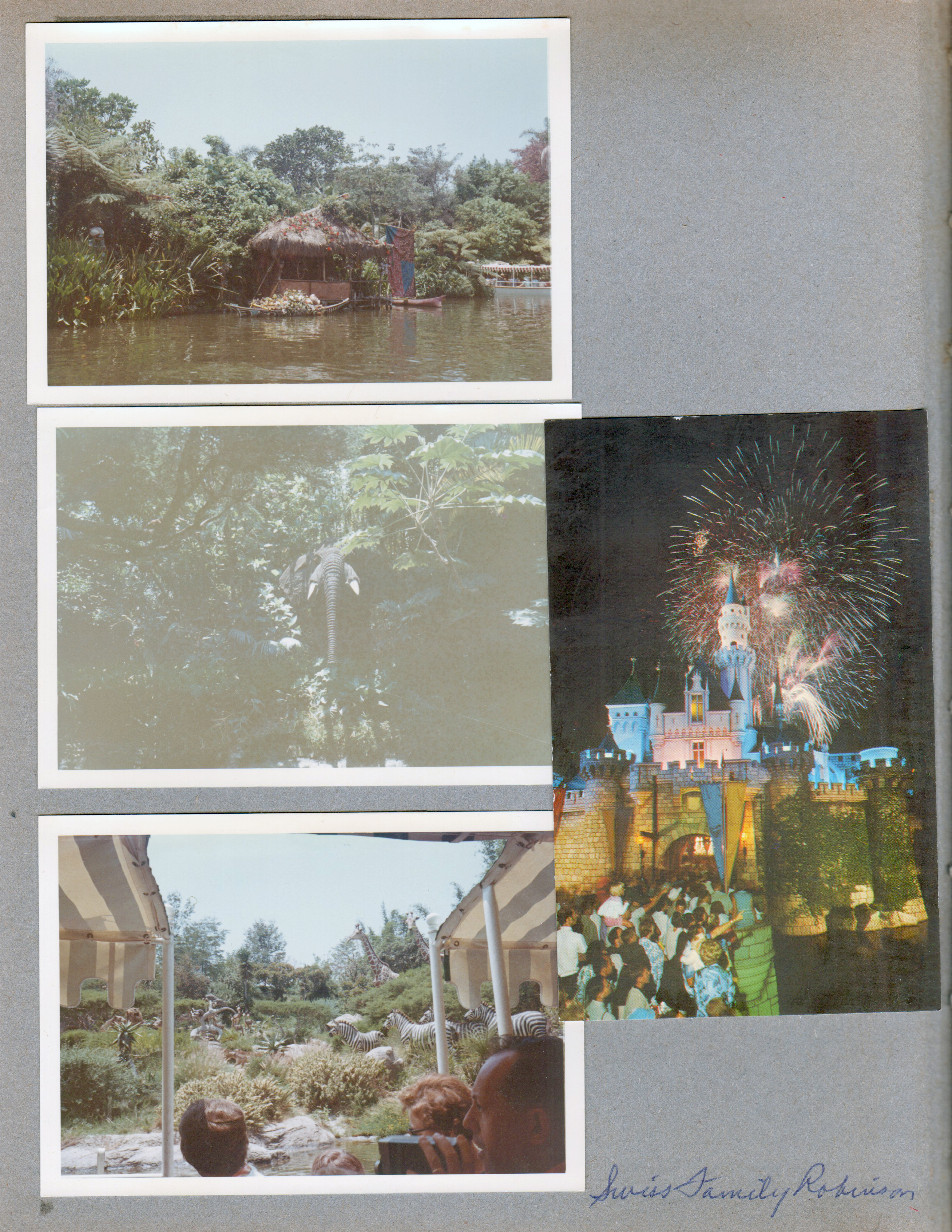 Disneyland - Jungle Cruise. Swiss Family Robinson. Castle postcard