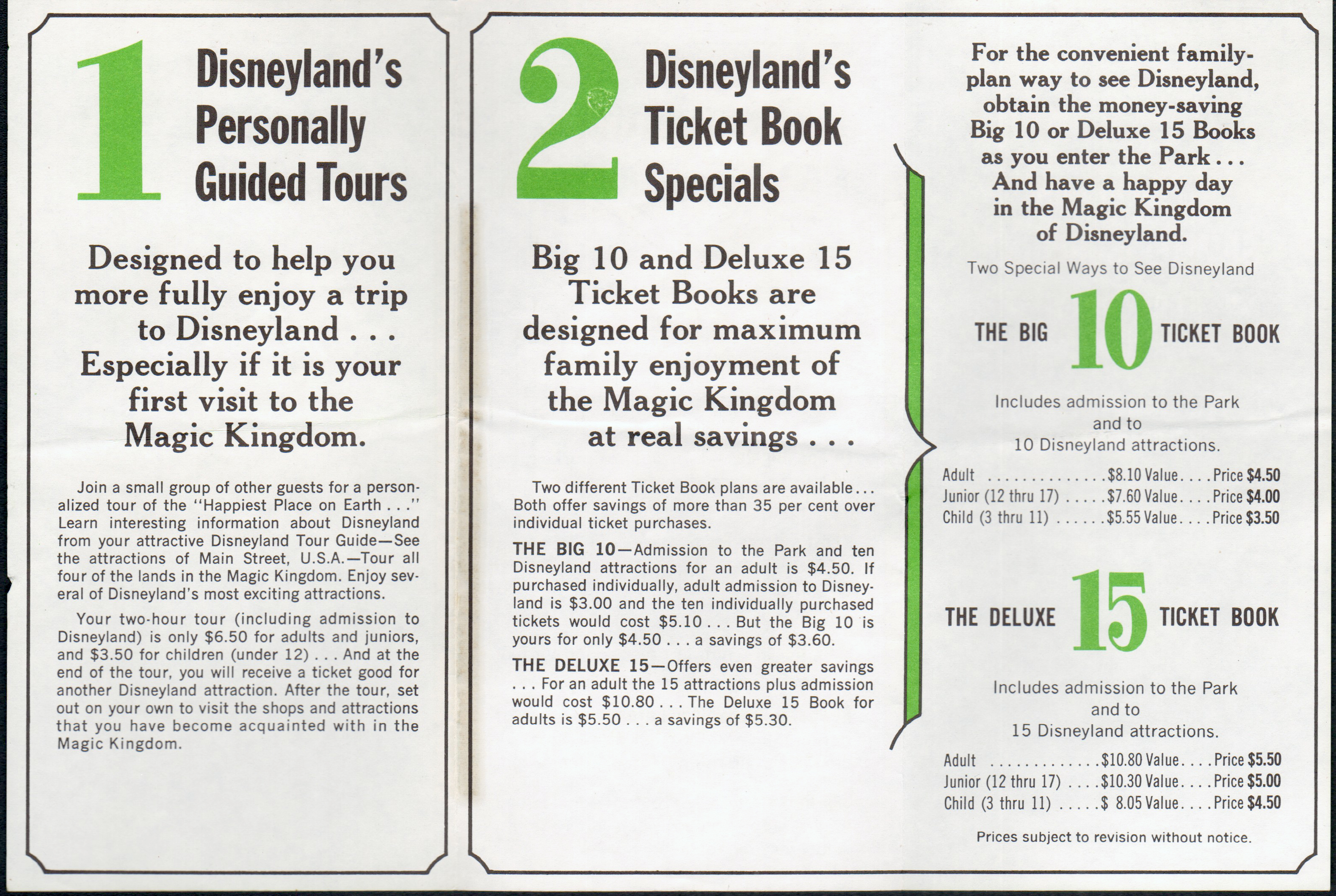 Disneyland - brochure two wonderful ways - ticket prices