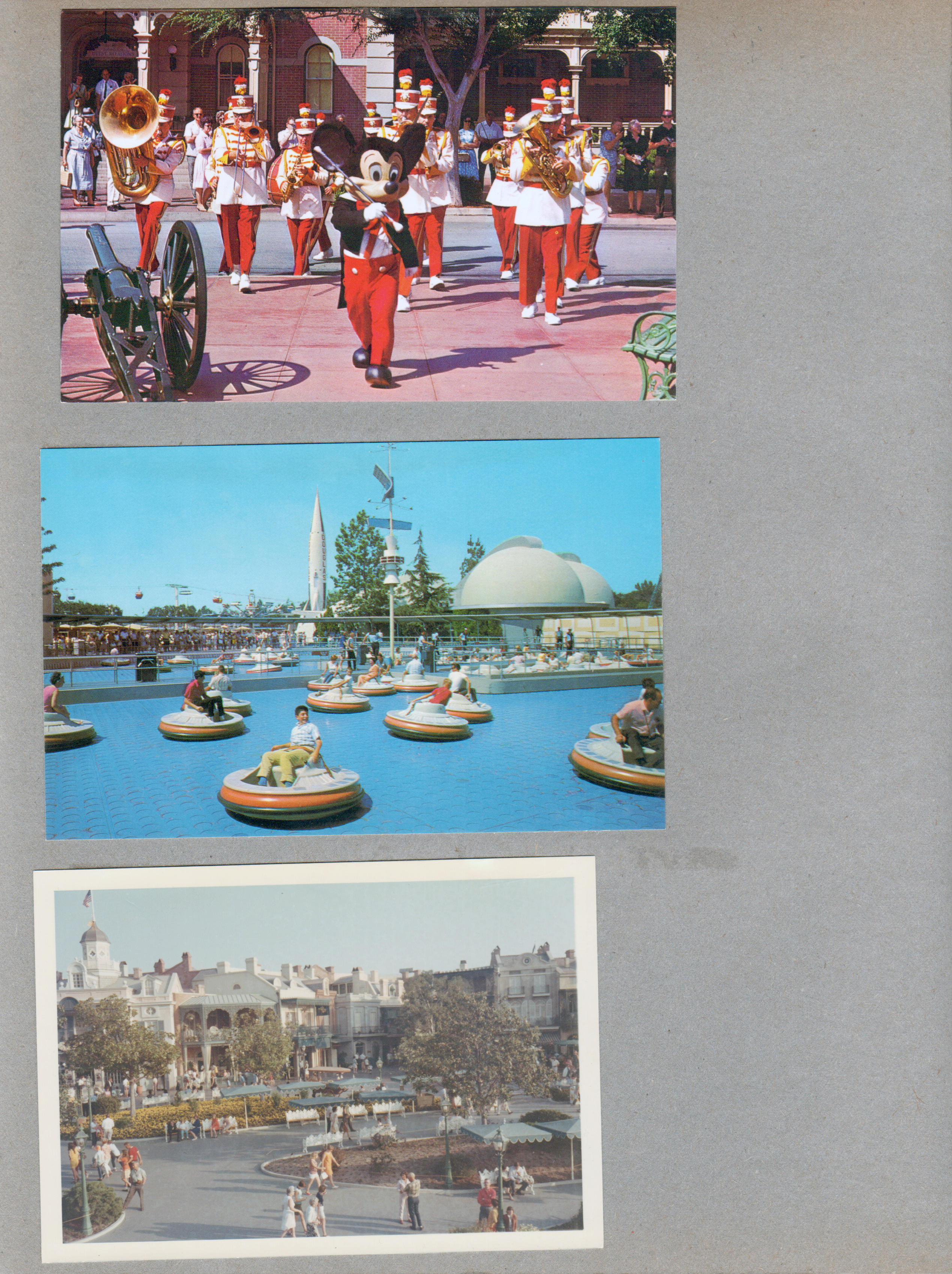 Disneyland - postcard Mickey. Postcard flying saucers. main street