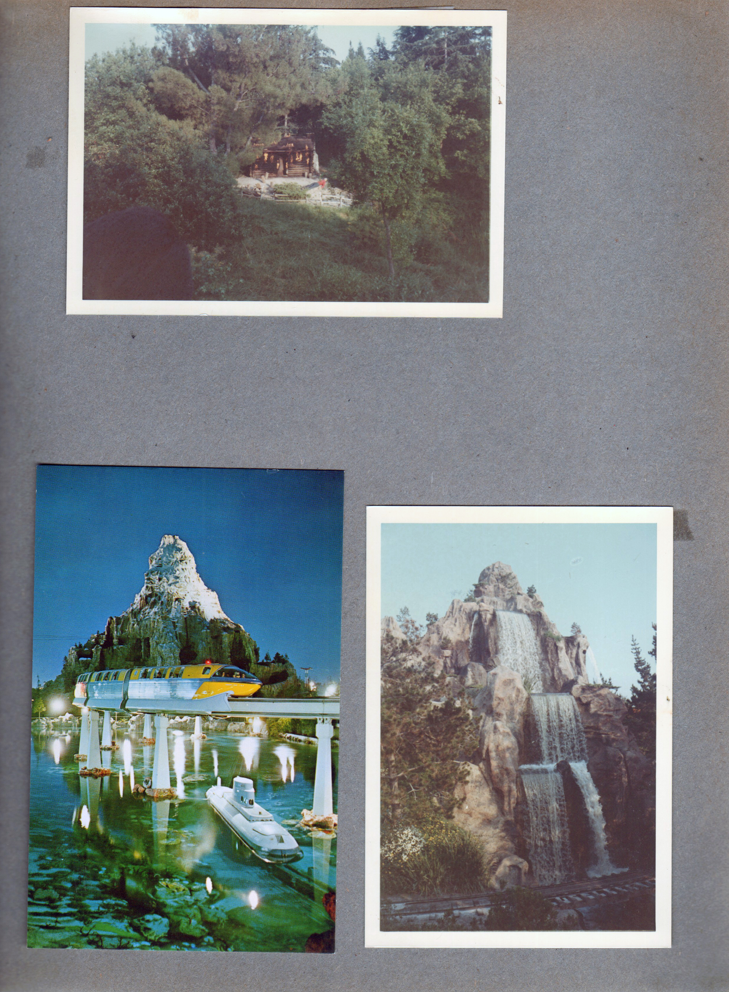 Disneyland - From the Mark twain - Tom Sawyer Island burning house. postcard Matterhorn, sub and monorail. Matterhorn waterfall.