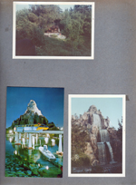 Disneyland - From the Mark twain - Tom Sawyer Island burning house. postcard Matterhorn, sub and monorail. Matterhorn waterfall.