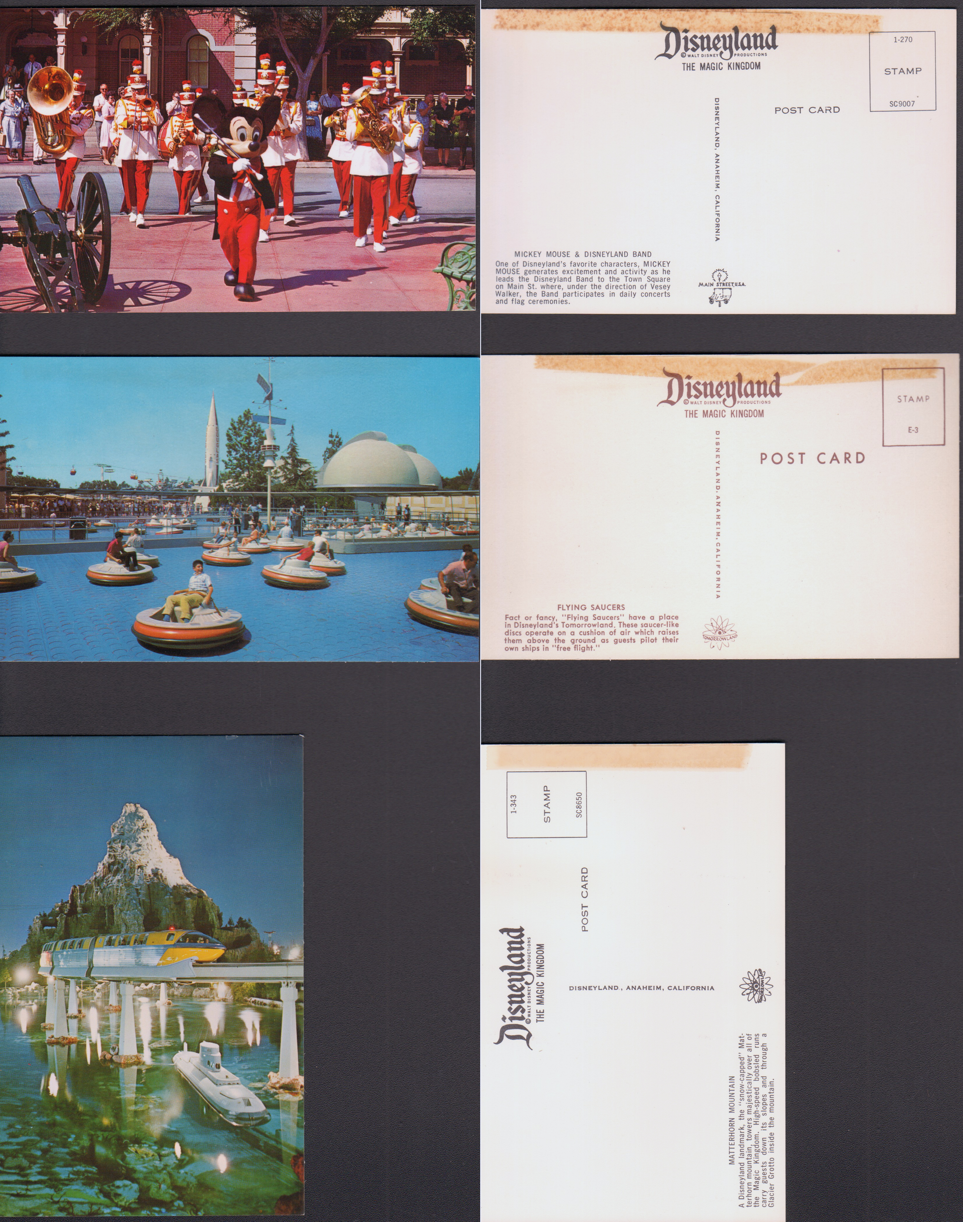 Disneyland - postcard 1-270 SC9007 Mickey Mouse and Disneyland Band, postcard E-3 Flying Saucers, postcard 1-343 SC8650 Matterhorn Mountain