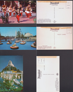 Disneyland - postcard 1-270 SC9007 Mickey Mouse and Disneyland Band, postcard E-3 Flying Saucers, postcard 1-343 SC8650 Matterhorn Mountain