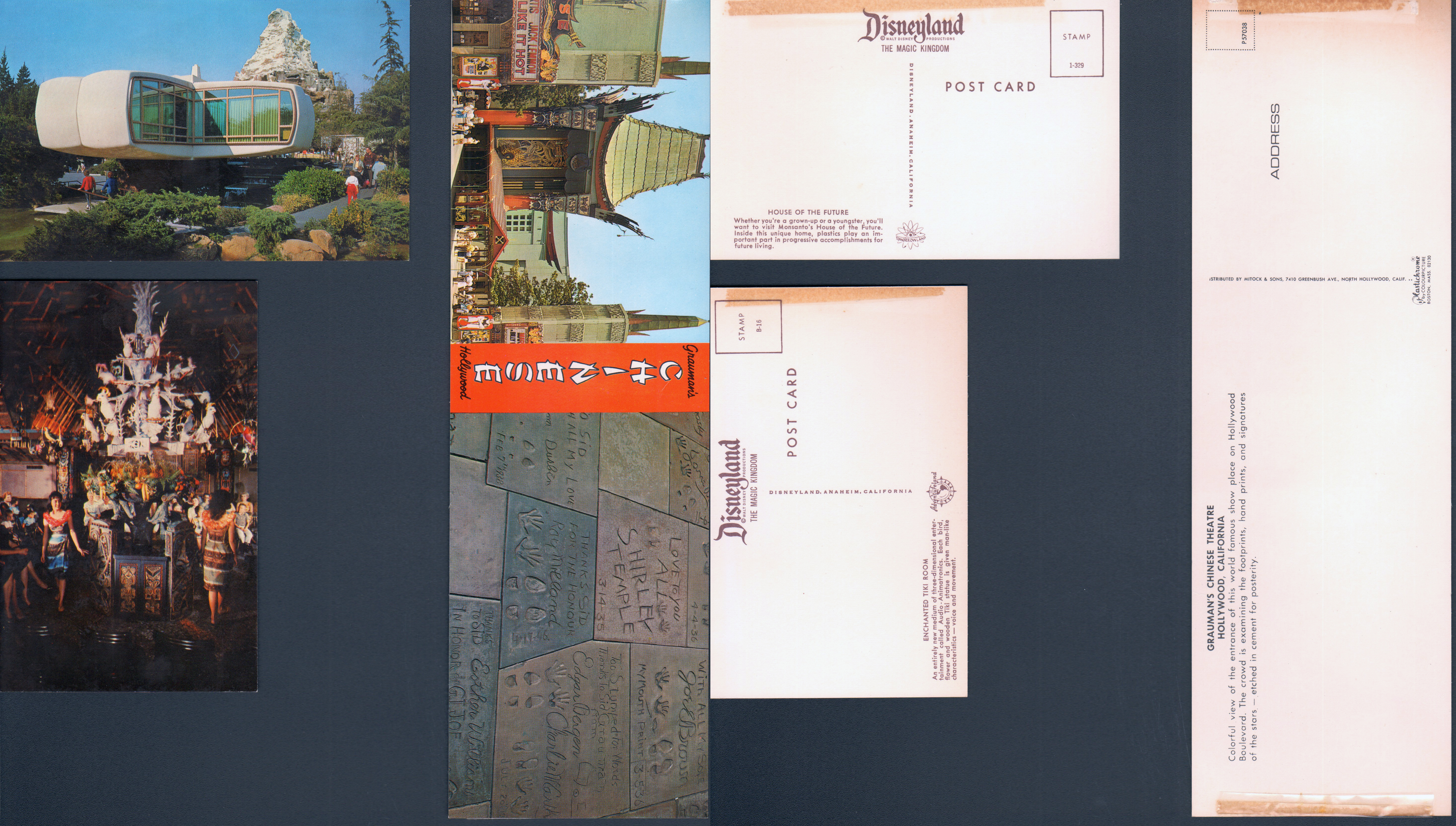 postcard 1-329 Disneyland House of the Future Monsanto. postcard B-16 Enchanted Tiki Room. Postcard P57038 Grauman's Chinese Theatre Hollywood California