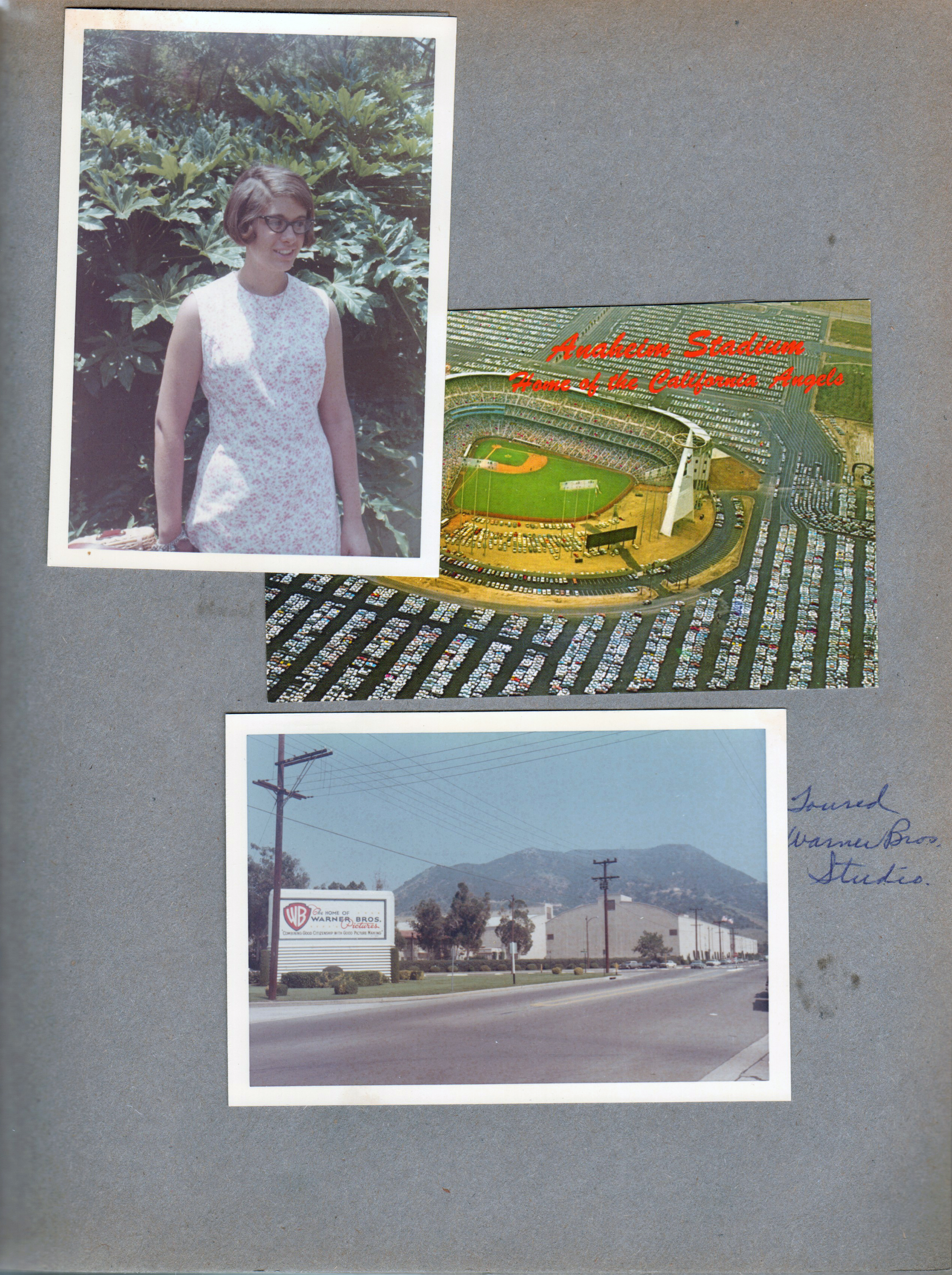 Susan. postcard Anaheim Stadium, Warner Brothers Studio