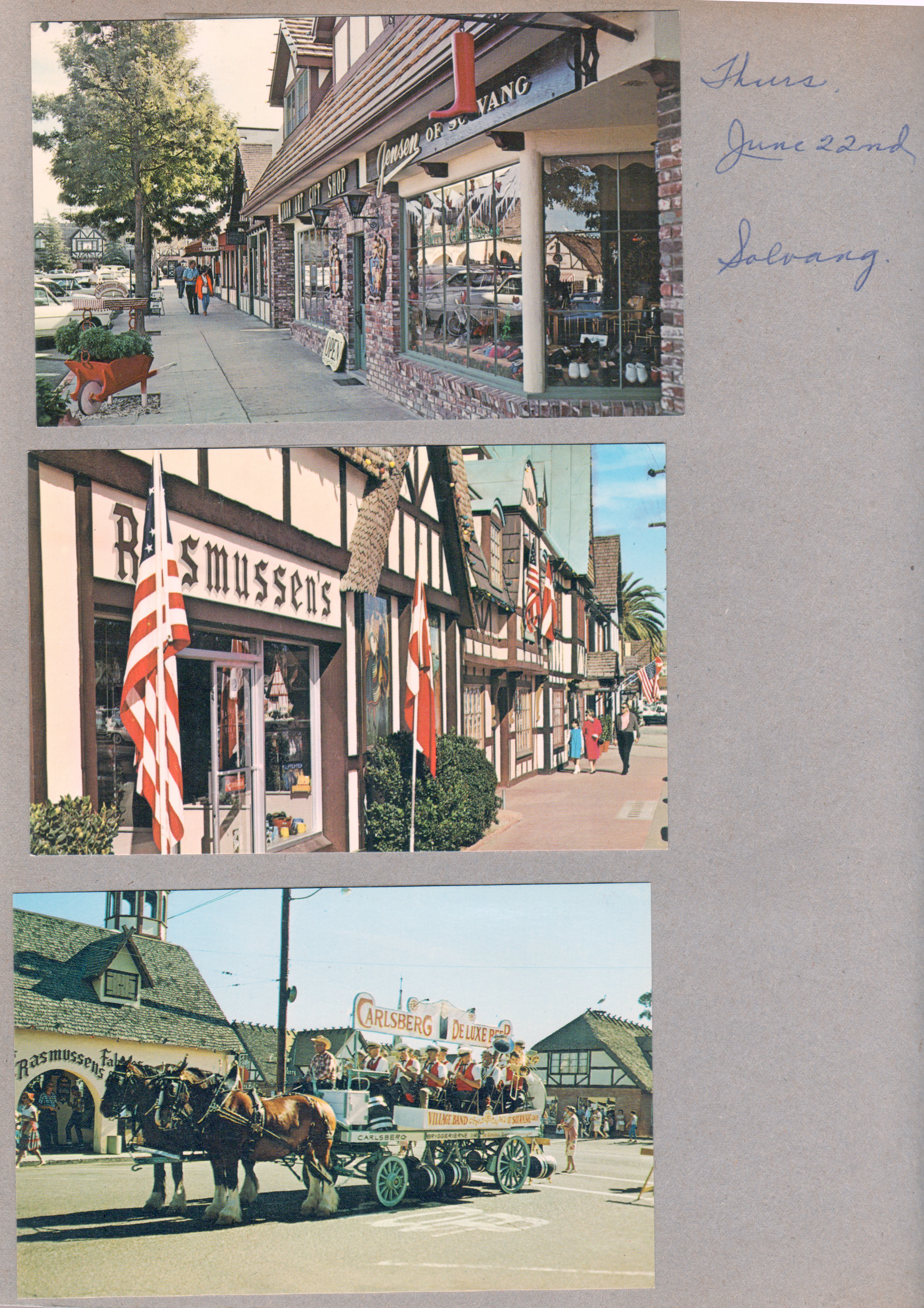Solvang, CA - postcard shops. postcard Rasmussen's. postcard Carlsberg Deluxe horse wagon