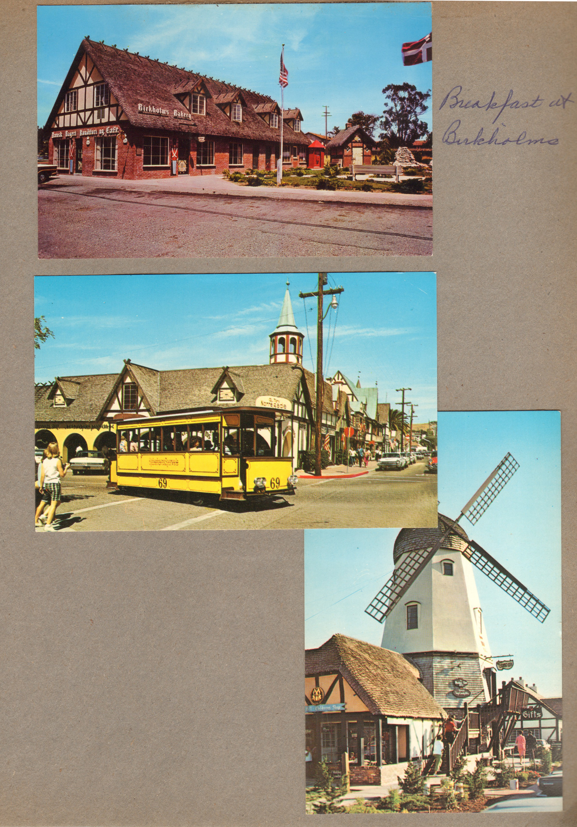 Solvang, CA - postcard Birkholm's. postcard trolley.  postcard Windmill. Breakfast at Birkholm's  