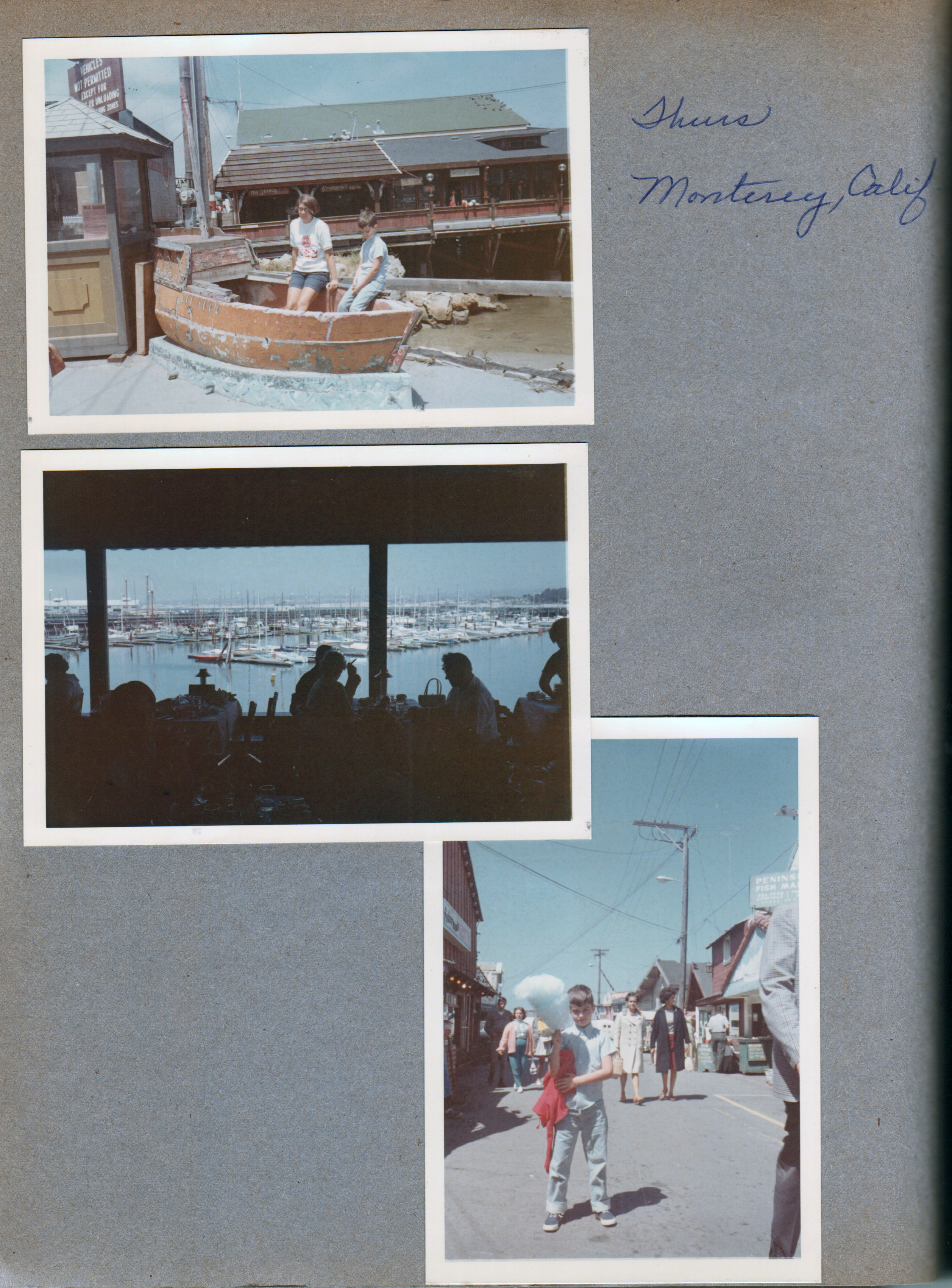 Monterey CA. Susan Alan in boat. Restaurant on harbor - Old Fisherman's Wharf? Alan with cotton candy in street.