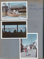 Monterey CA. Susan Alan in boat. Restaurant on harbor - Old Fisherman's Wharf? Alan with cotton candy in street.