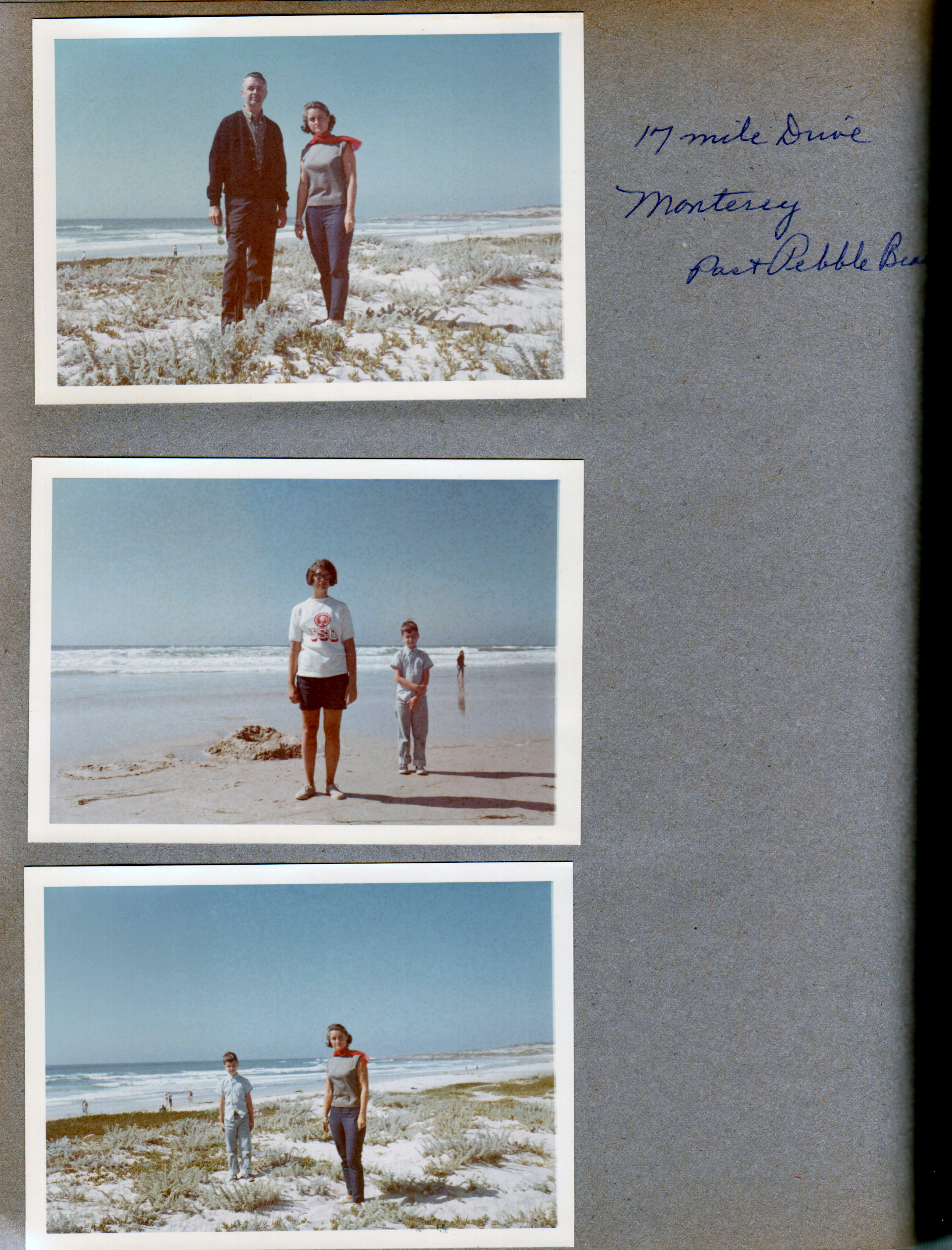 17 mile drive - Monterey past Pebble Beach. John and Rosemary on beach. Susan and Alan on beach. Alan and Rosemary.