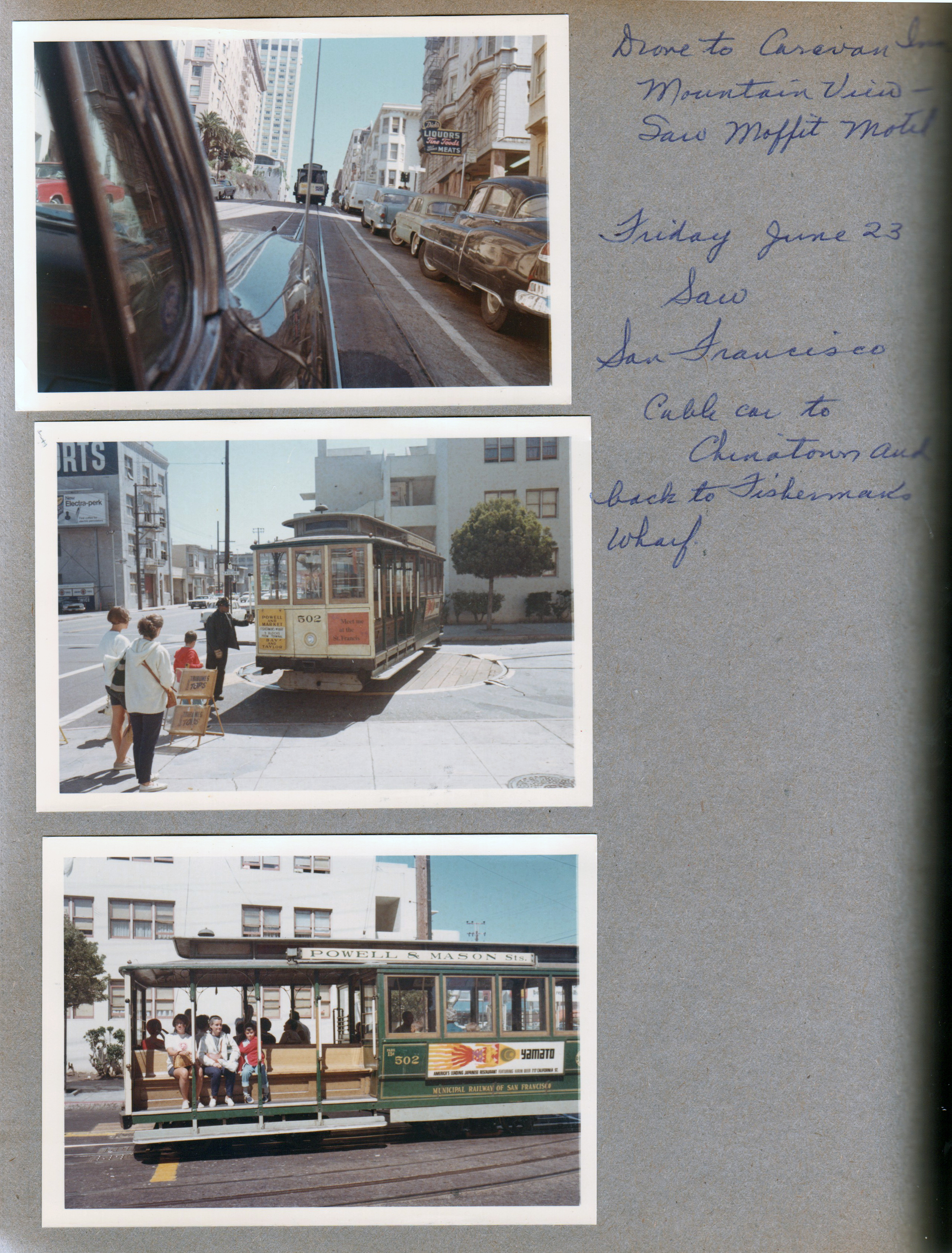 Drove to Caravan Inn, Mountain View. Saw Moffit Motel. Saw San Francisco Cable Car to Chinatown and back to Fisherman's Wharf. Susan Rosemary and Alan getting on cable car.