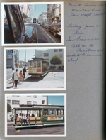 Drove to Caravan Inn, Mountain View. Saw Moffit Motel. Saw San Francisco Cable Car to Chinatown and back to Fisherman's Wharf. Susan Rosemary and Alan getting on cable car.