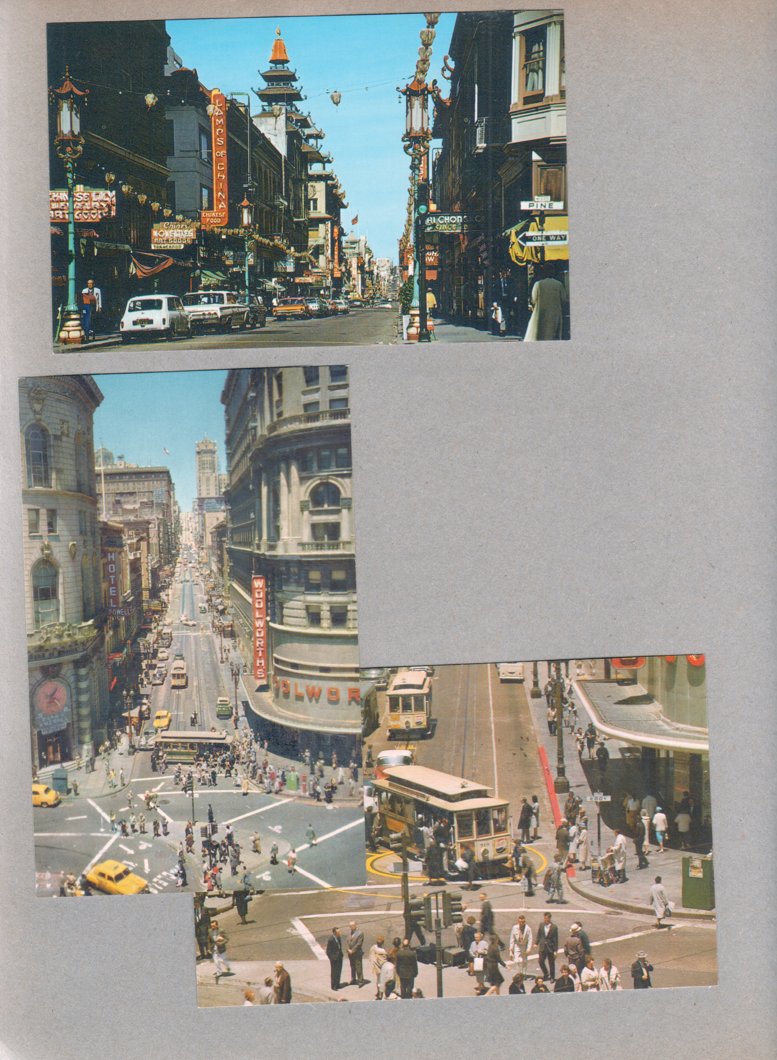 San Francisco. postcard Chinatown. postcard Woolworth's big hill. postcard Cable car Powell Mason? turnaround.
