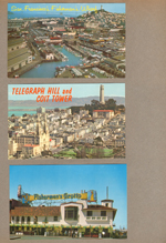San Francisco. postcard Fisherman's Wharf.  postcard Telegraph Hill and Coit Tower.  postcard Fisherman's Grotto  