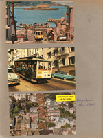 San Francisco. postcard cable car Alcatraz. postcard cable car on hill. postcard Crookedest Street in the World. Drove down this street.