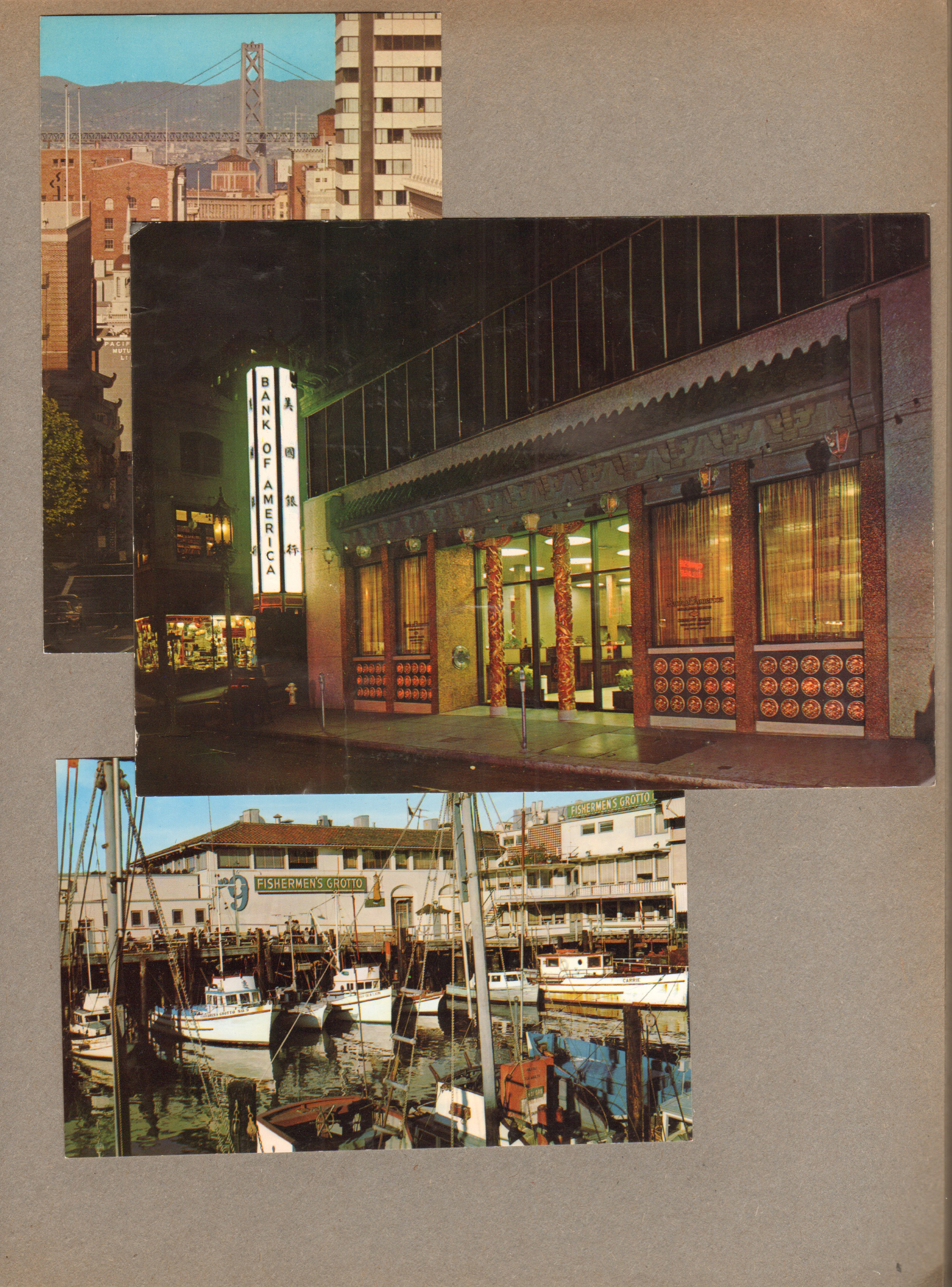 San Francisco. postcard Golden Gate Bridge. postcard Bank of America. postcard Fisherman's Grotto.