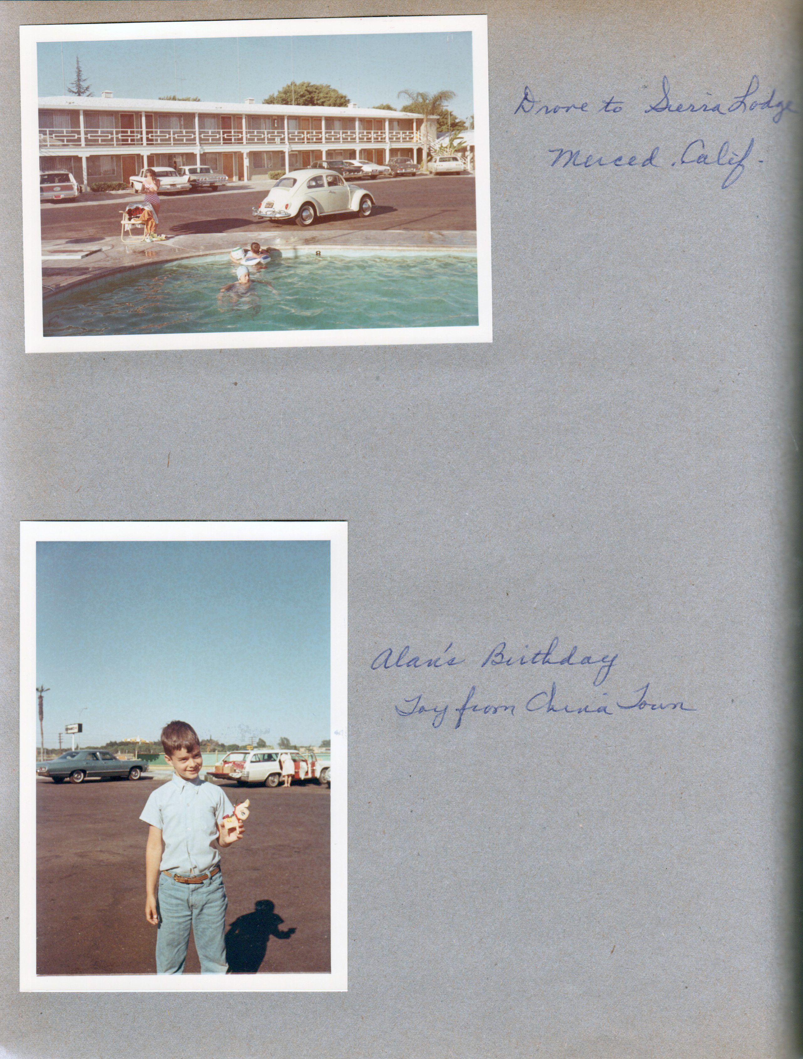 Drove to Sierra Lodge - Merced, CA. Alan's 7th birthday - parking lot - toy from Chinatown.