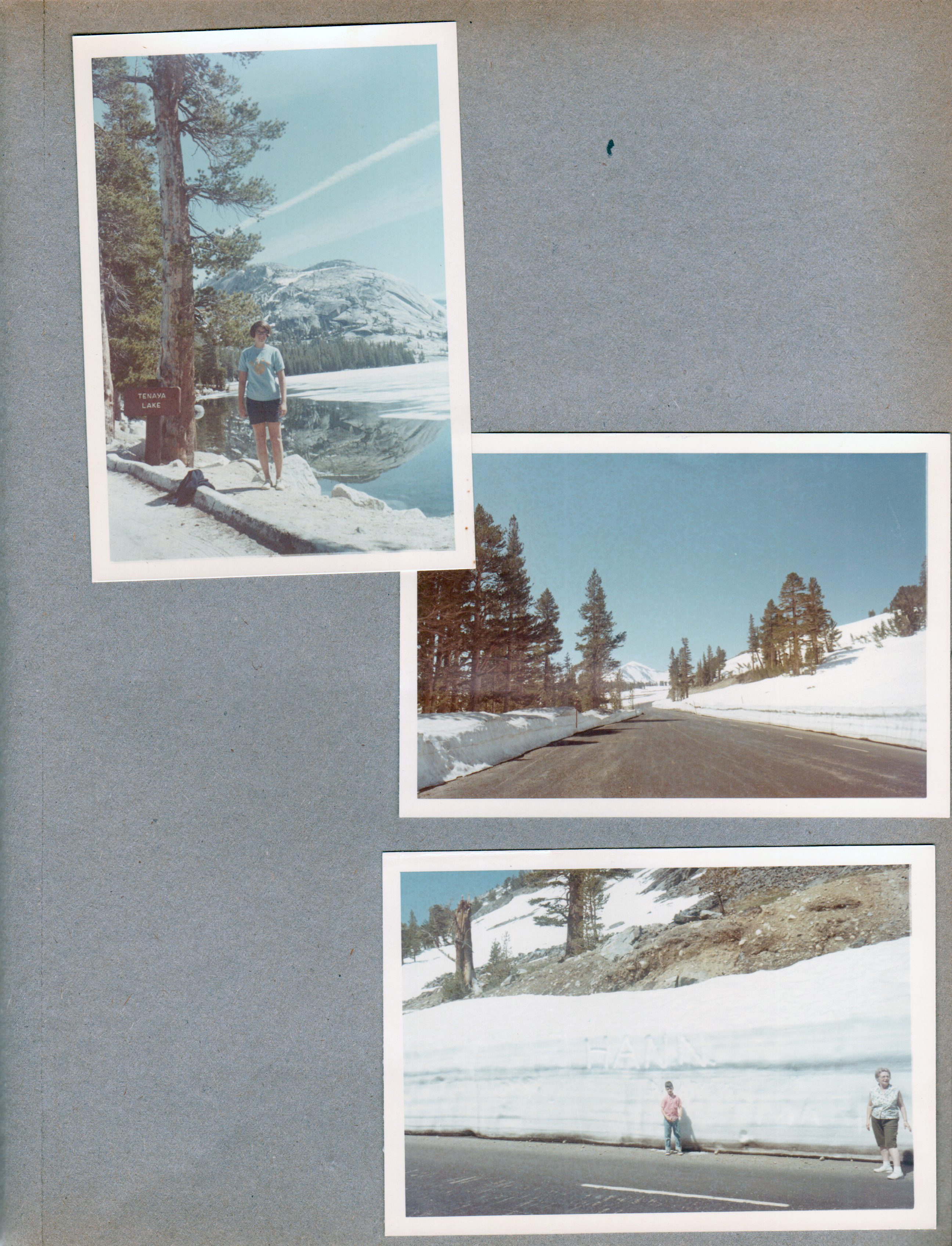 Tenaya Lake - Susan. Alan standing in road by snow wall