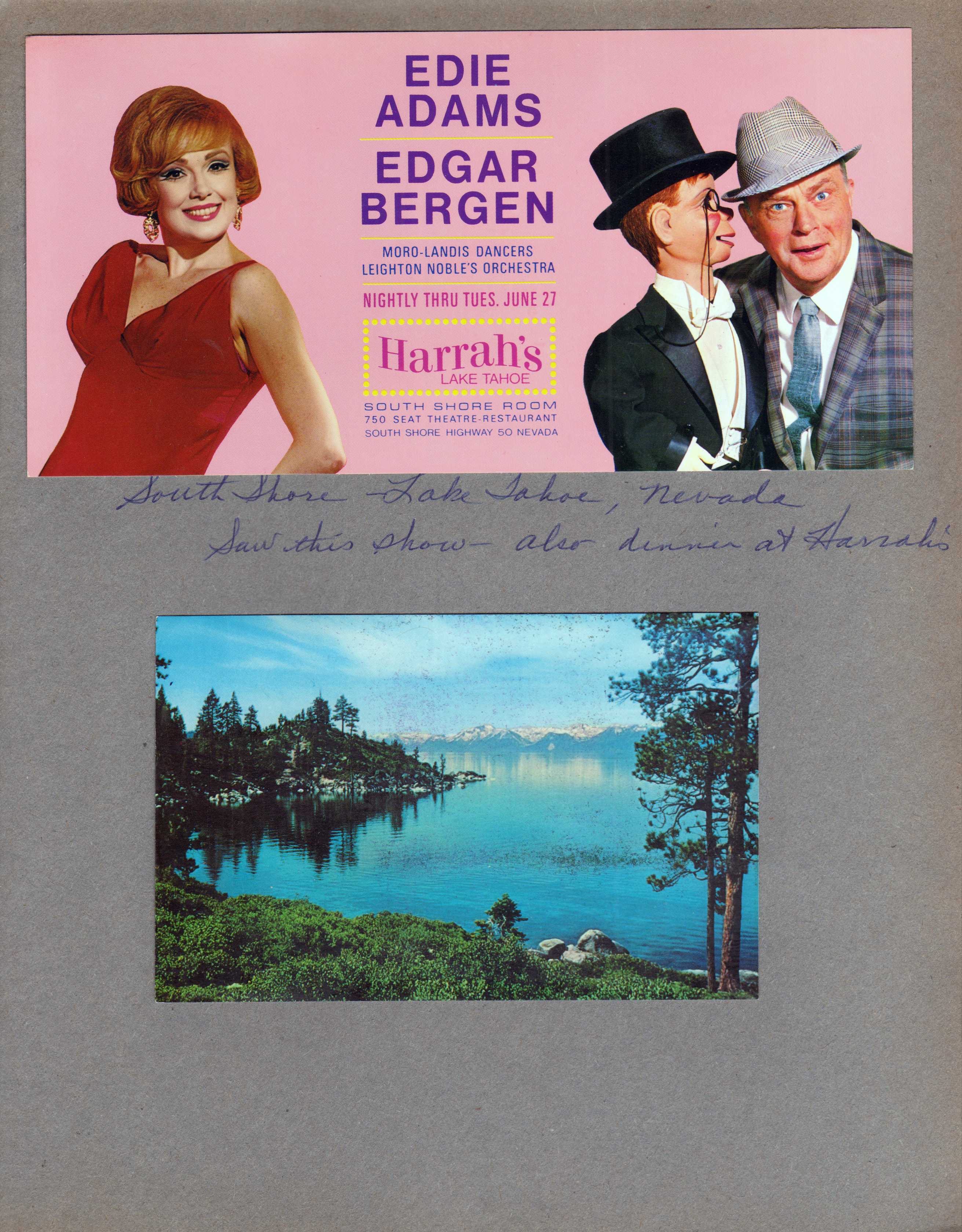 Saw this show also dinner at Harrah's. Lake Tahoe - Edie Adams and Edgar Bergen postcard. postcard Lake Tahoe.