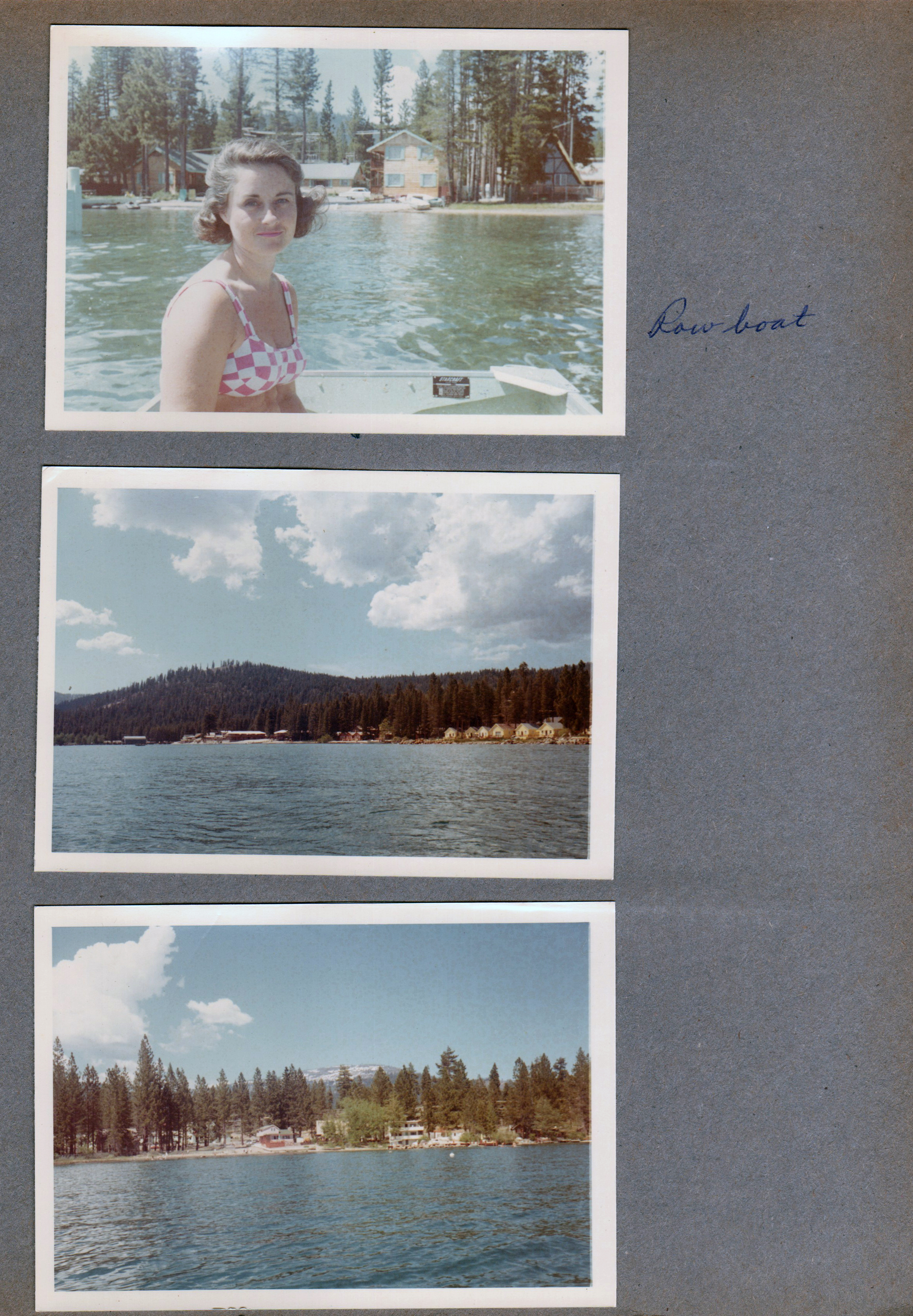 Rosemary in rowboat on lake.