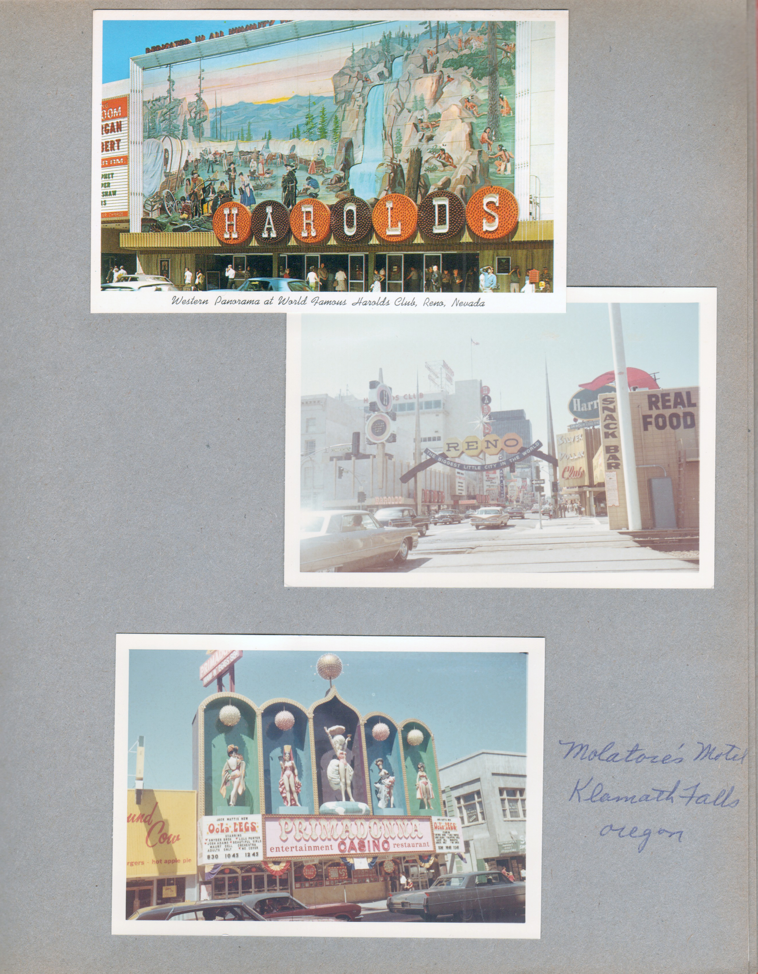 postcard Western Panorama at World Famous Harold's Club, Reno, Nevada. Reno, Nevada sign at street. Molatore's Motel Klamath Falls Oregon. Primadonna Casino Reno.
