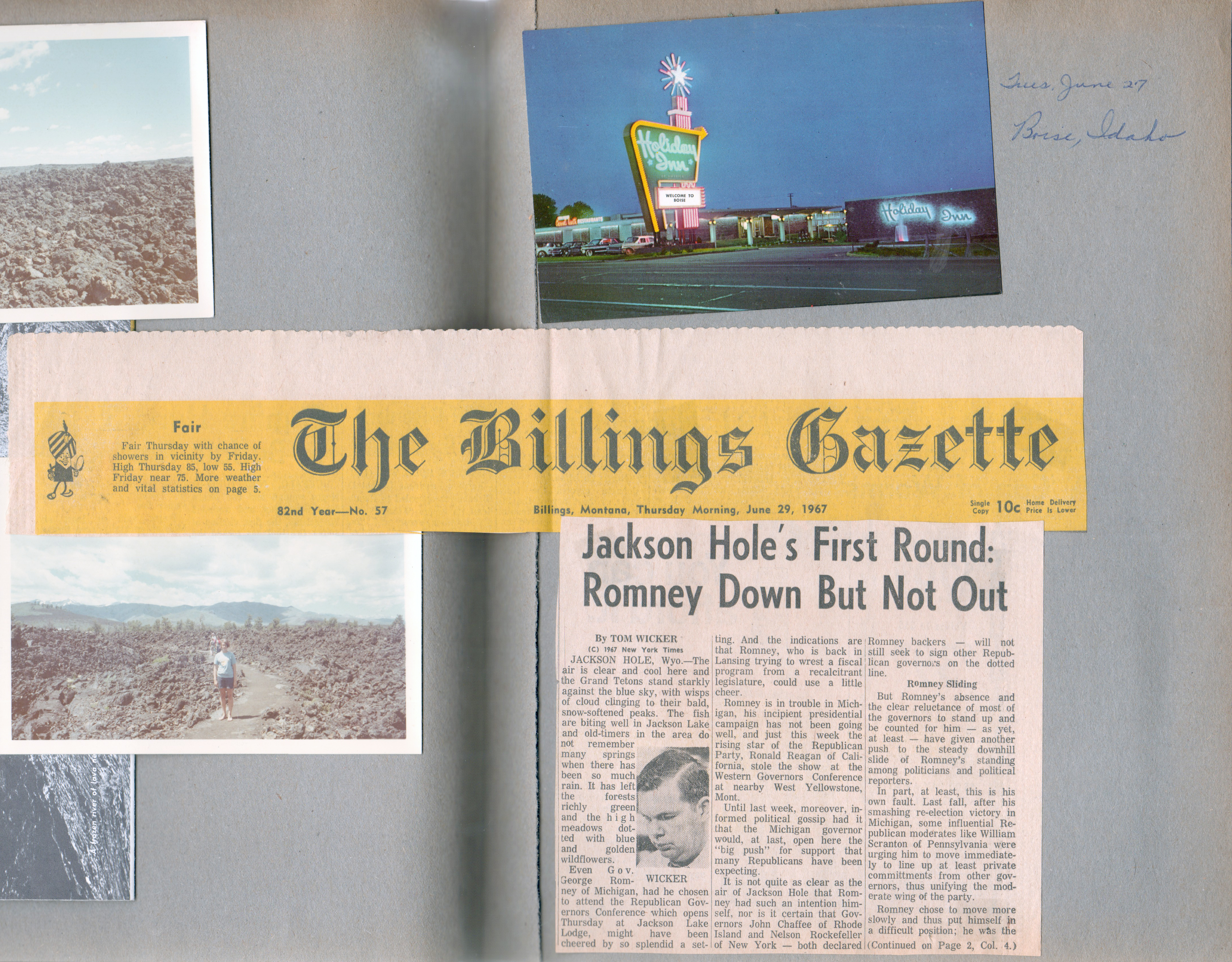 The Billings Gazette banner. Postcard Holiday Inn - Boise, Idaho. Newspaper clipping Jackson Hole's George Romney