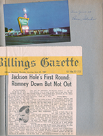 The Billings Gazette banner. Postcard Holiday Inn - Boise, Idaho. Newspaper clipping Jackson Hole's George Romney