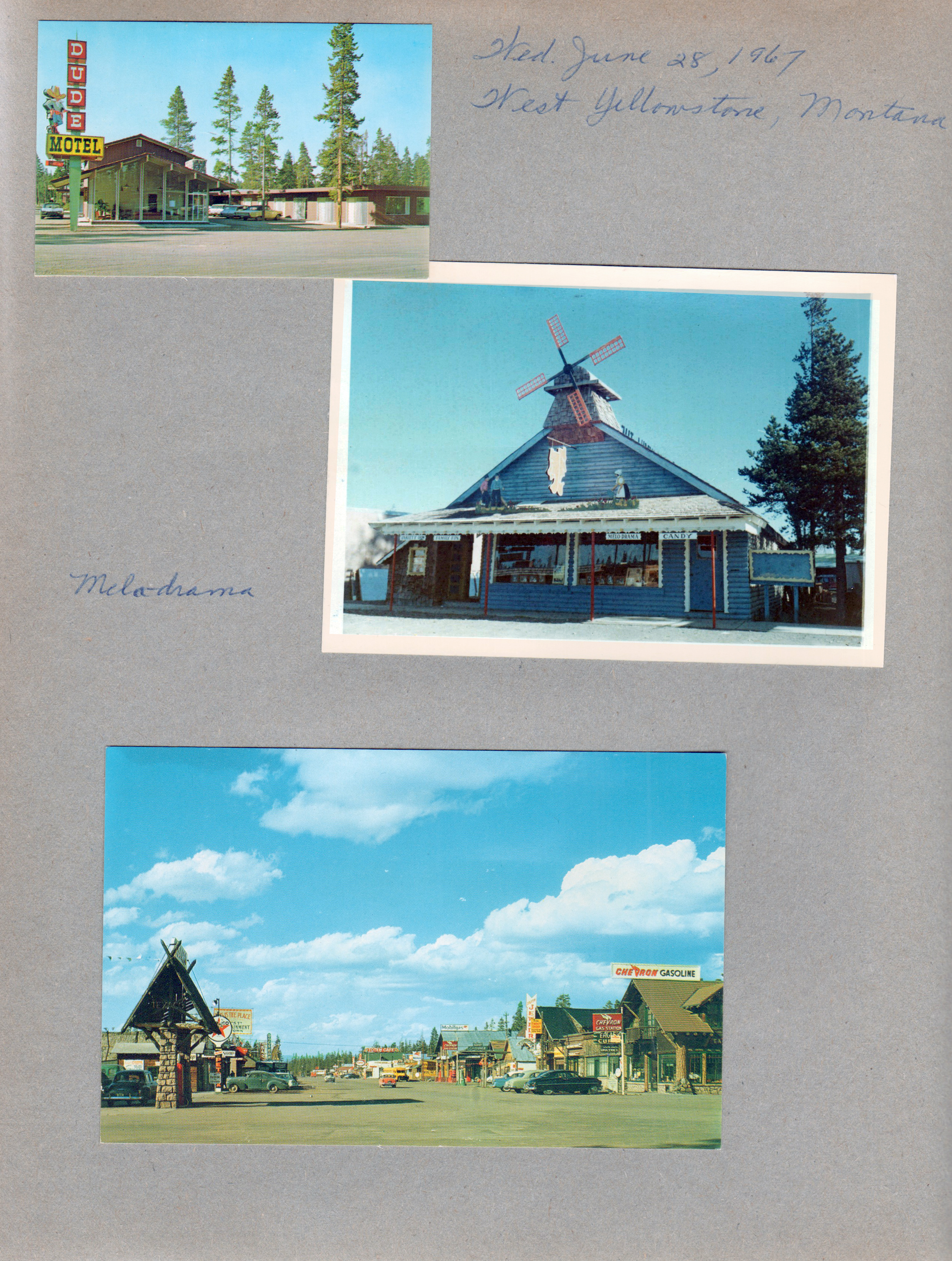 West Yellowstone, Montana - Dude Motel postcard. Melo-drama. Postcard village