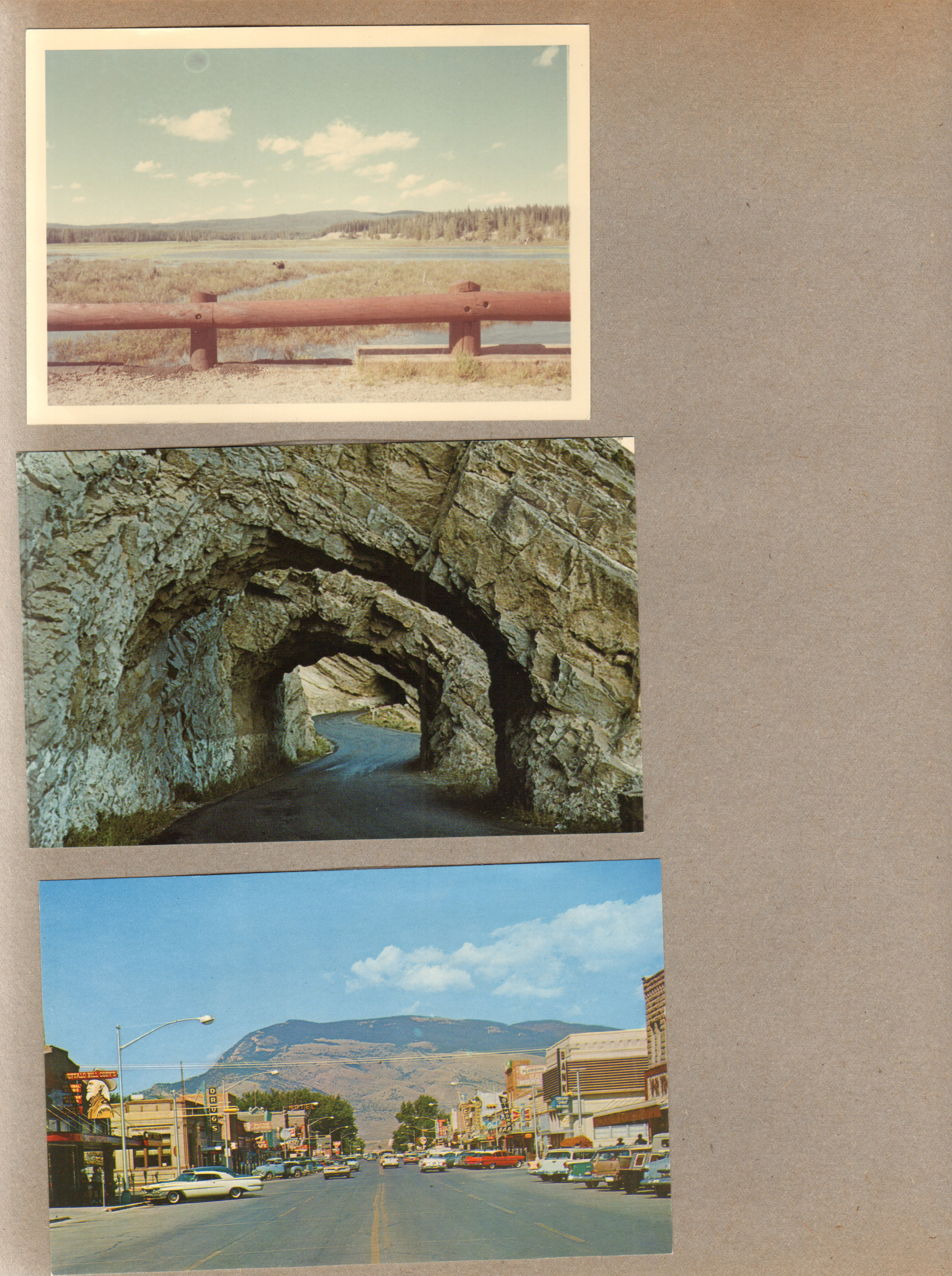 postcard Triple Tunnels Bill Cody Highway WY. postcard Cody WY Main Street